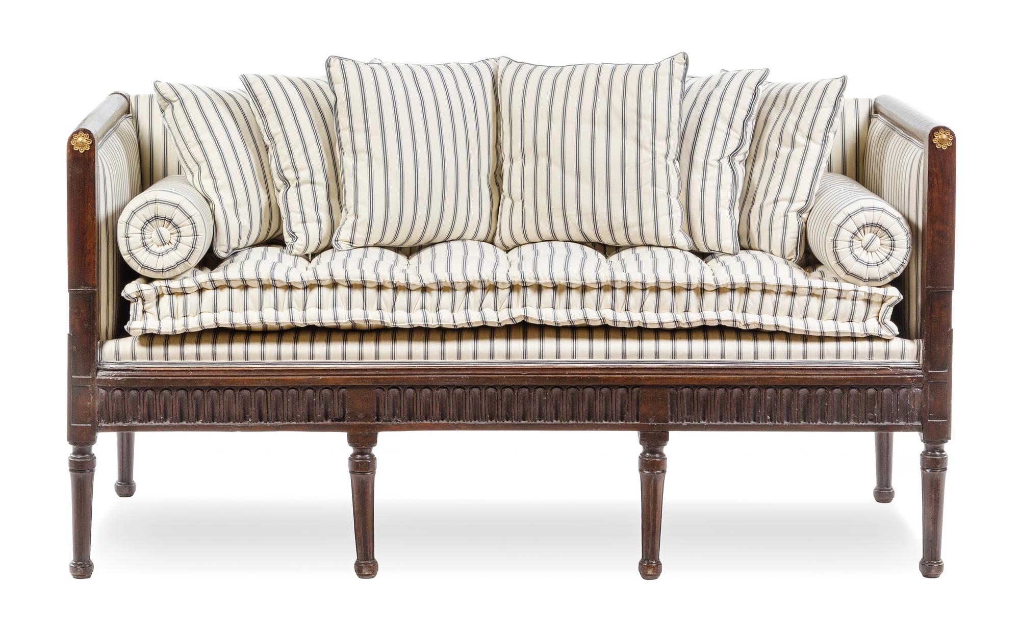 An Italian Gilt Metal Mounted Walnut Settee Height 32 x width 60 1/2 x depth 25 1/2 inches. — 19TH CENTURY