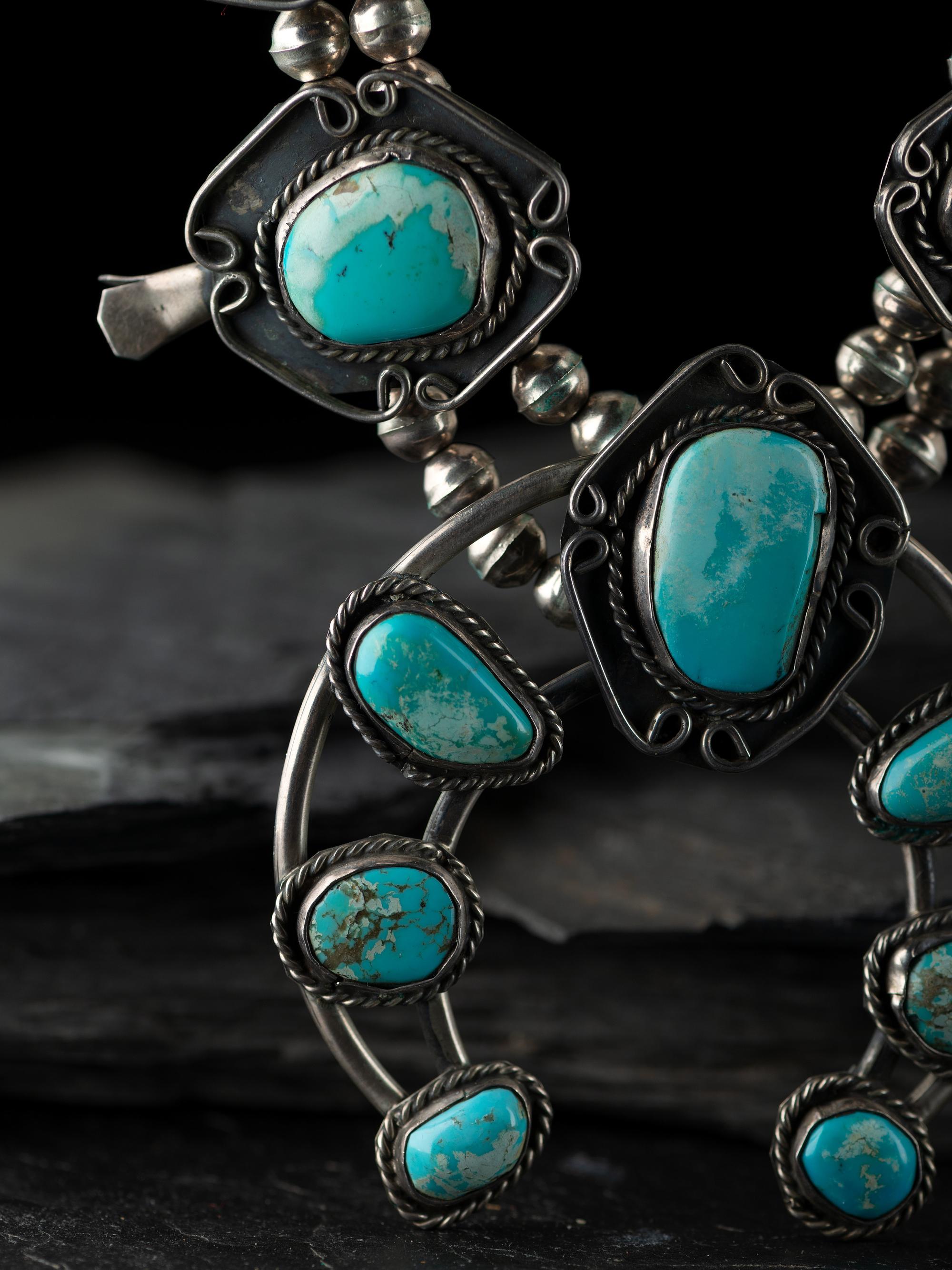 Navajo Silver and Turquoise Squash Blossom Necklace