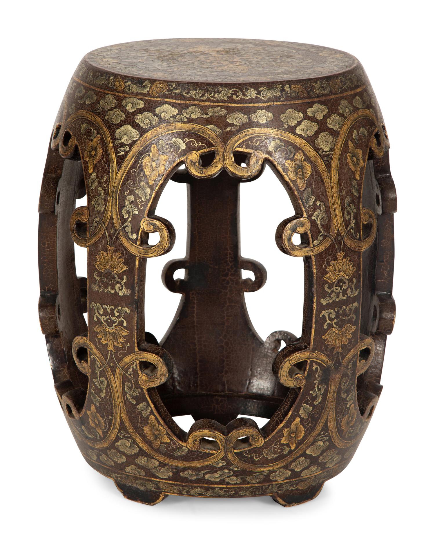 A Chinese Gilt and Black Lacquered Wood Garden Seat