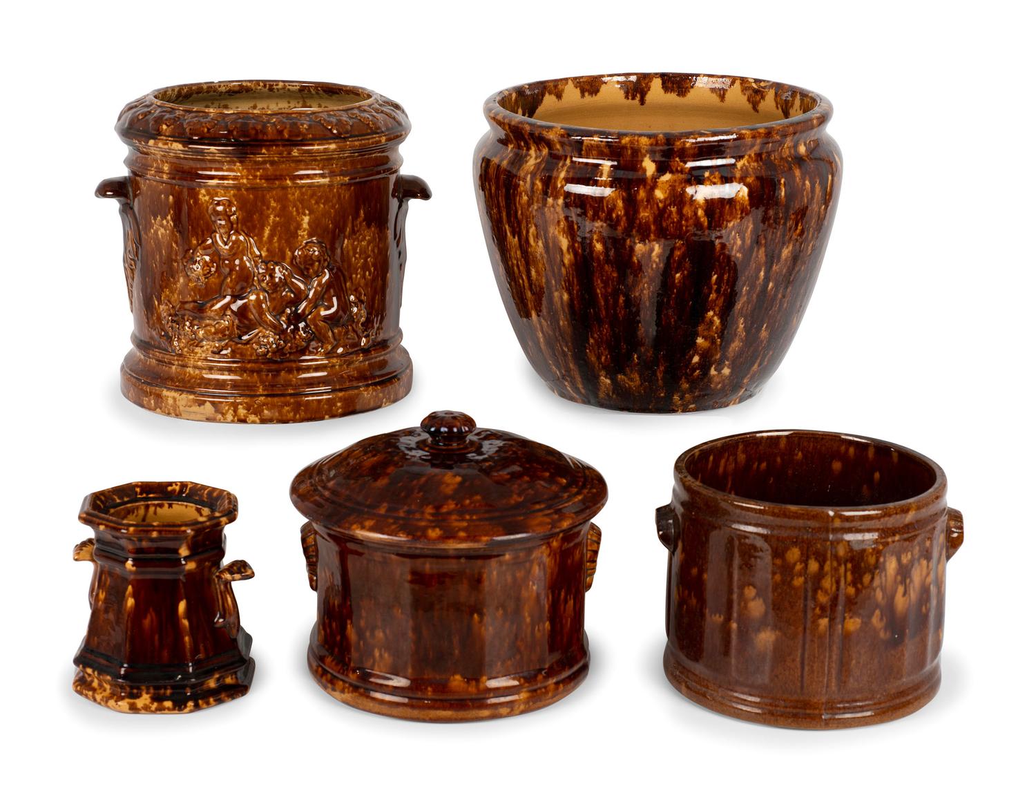 Five Yellow Ware Vessels in Bennington Style Glaze