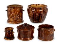 Five Yellow Ware Vessels in Bennington Style Glaze