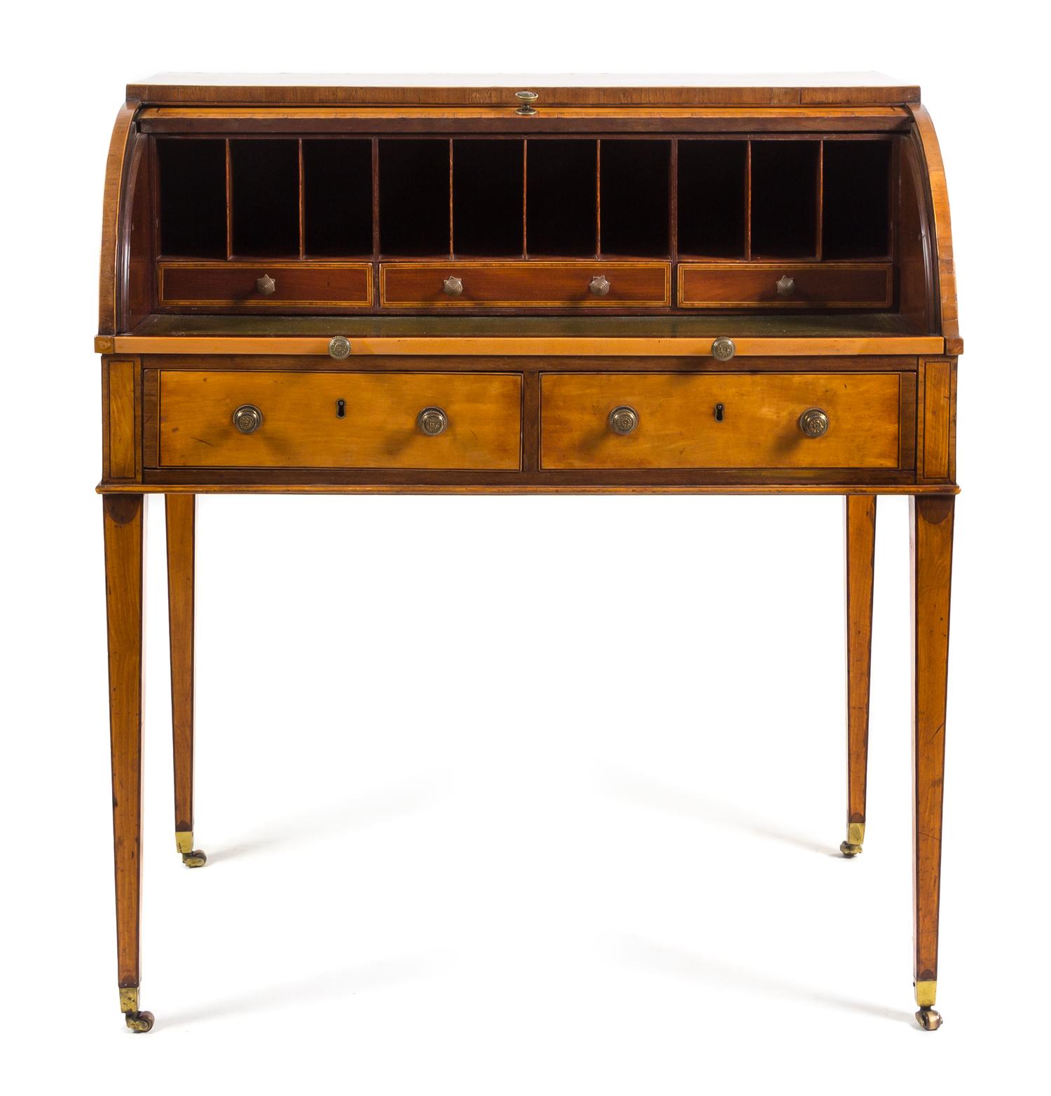 A George III Satinwood Cylinder Bureau Height 40 1/2 x width 36 1/4 x depth 21 1/2 inches. — LATE 18TH CENTURY