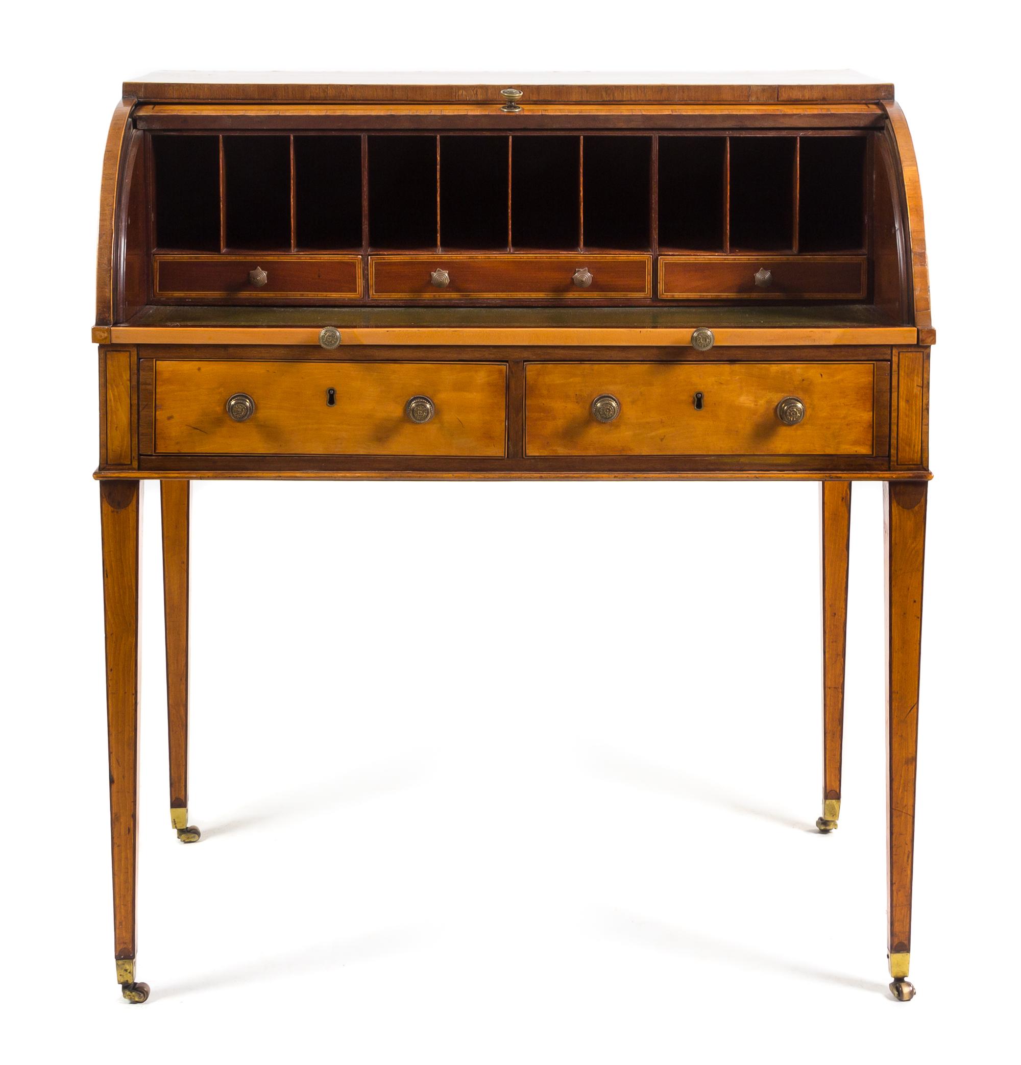 A George III Satinwood Cylinder Bureau Height 40 1/2 x width 36 1/4 x depth 21 1/2 inches. — LATE 18TH CENTURY