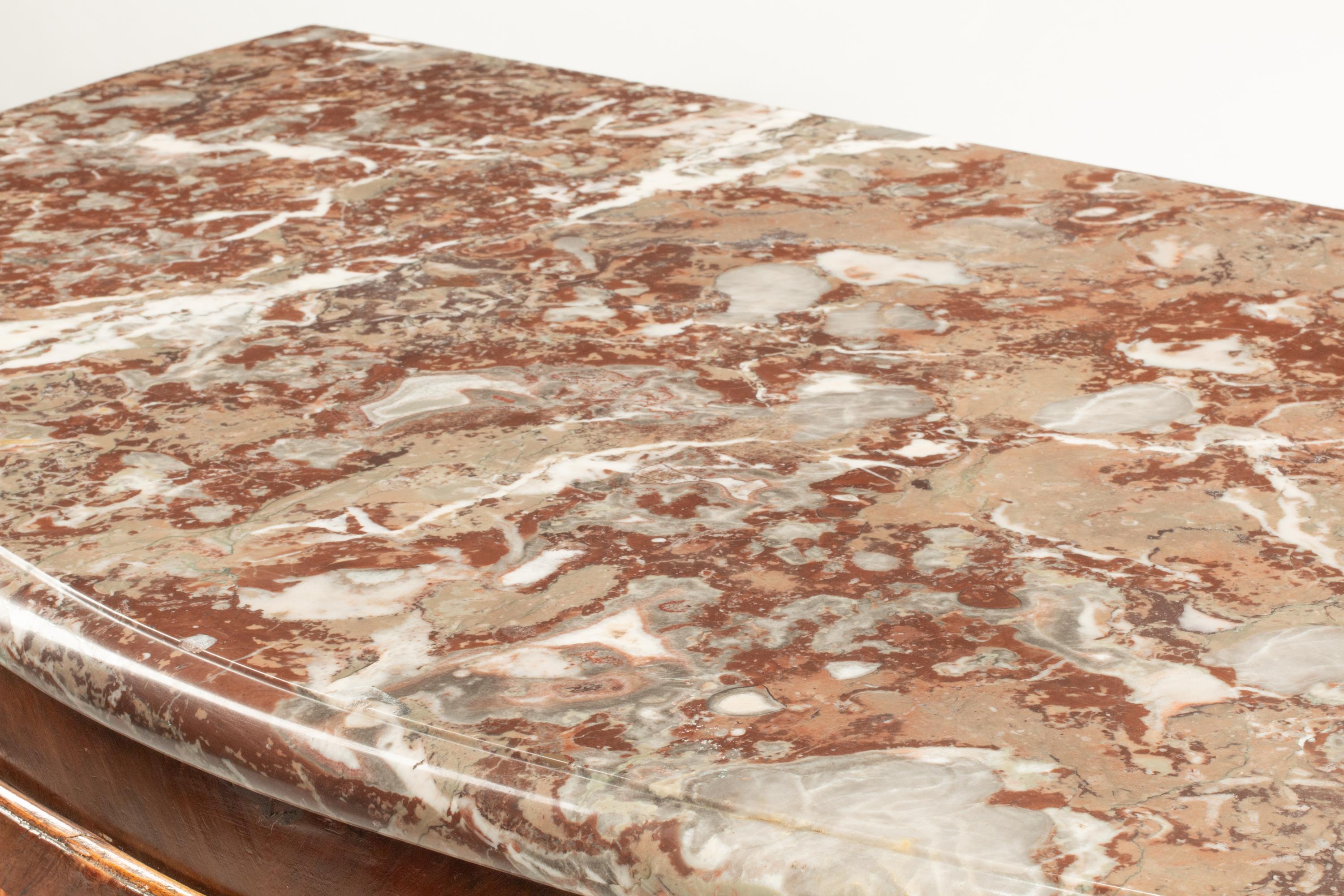 A Neapolitan Walnut and Marquetry Marble-Top Commode