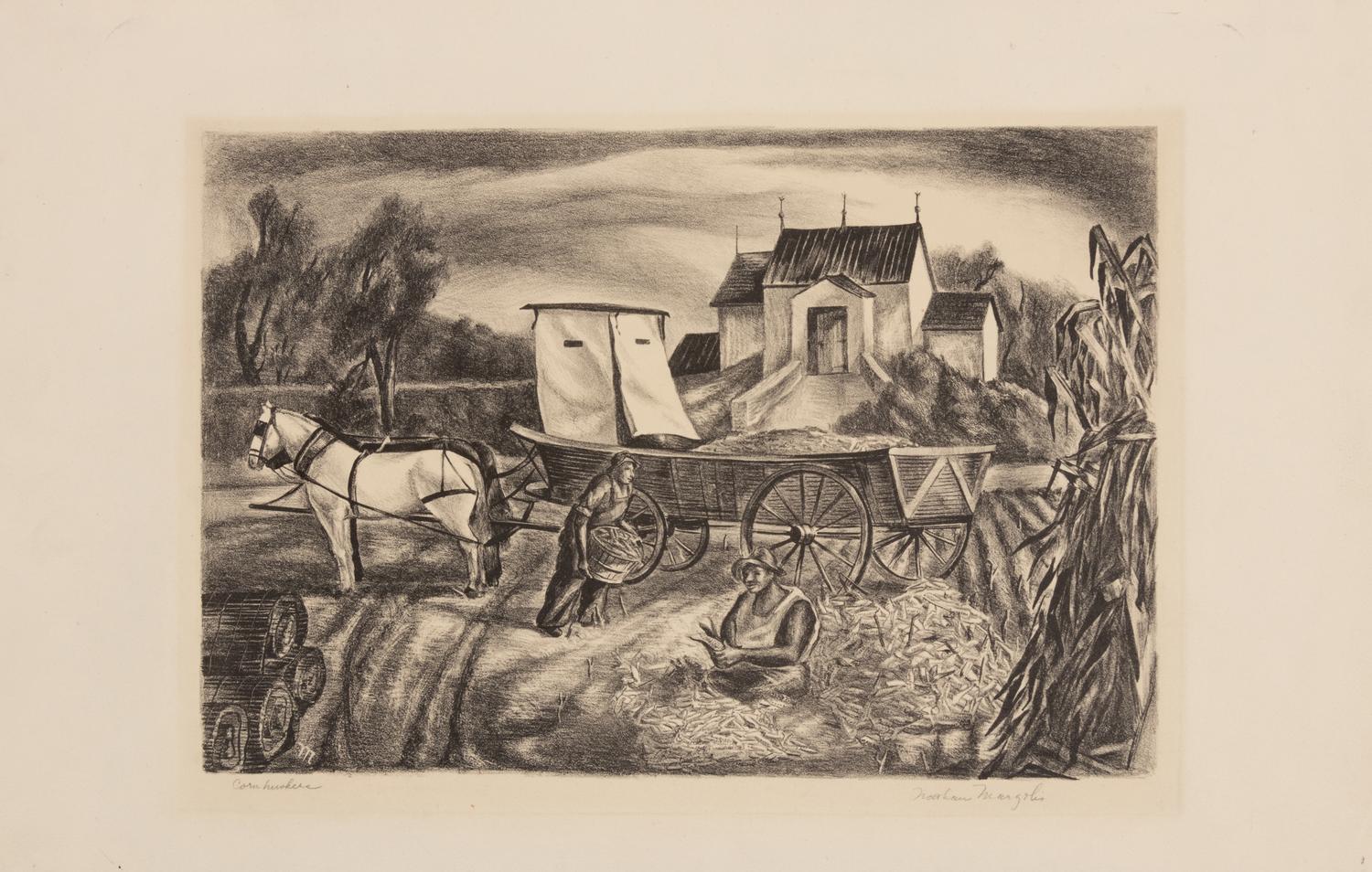 A group of six American prints (Emile Gruppe, Country Scene with Houses ; Nathan Margolies, Cornhuskers ; Leo Meissner, Jeter Spivey's Place ; Darwin Musselman, Going Home ; Thomas Nason, Haystacks ; Julius Tanzer, New England Yard )