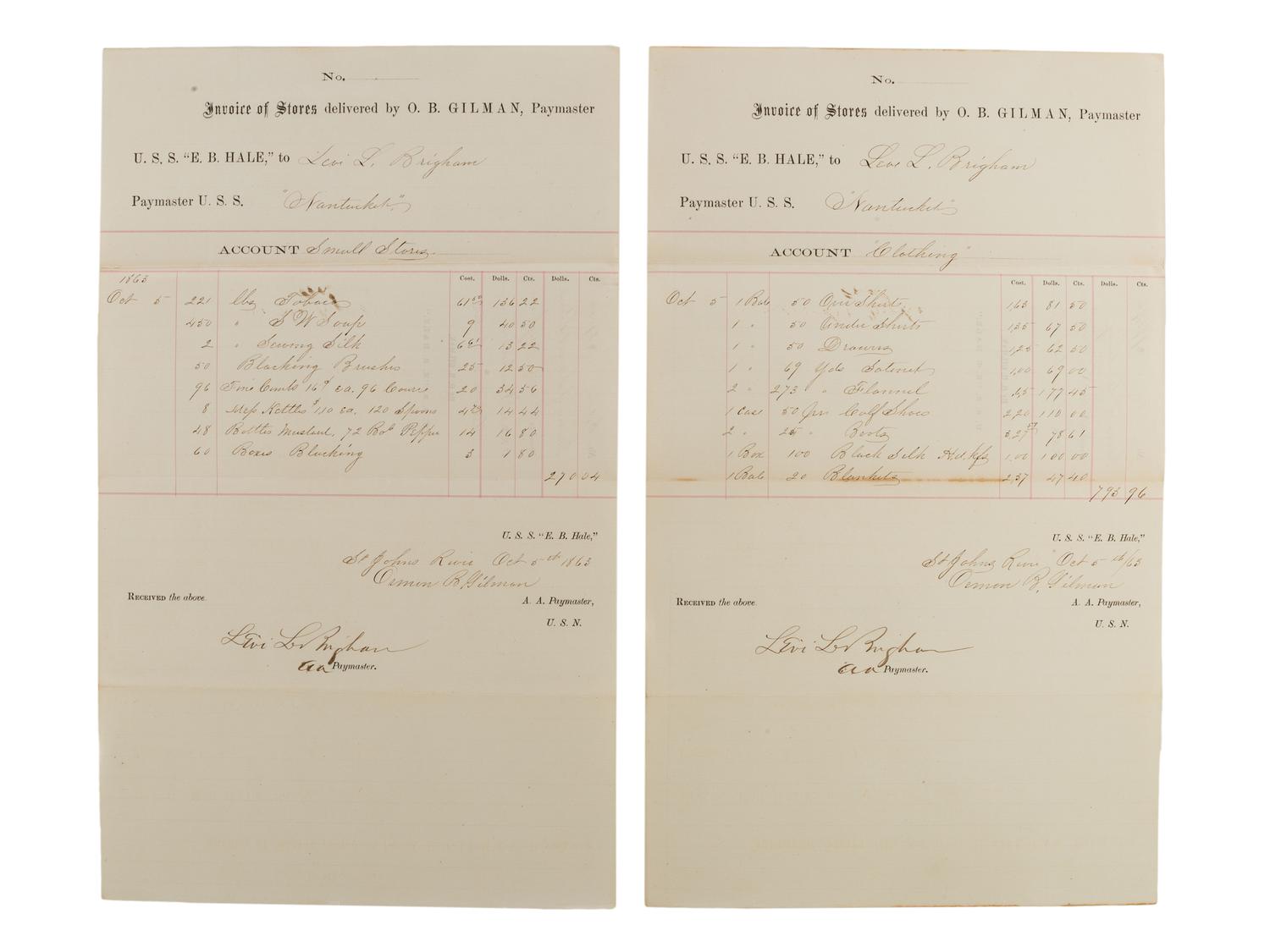 [CIVIL WAR - NAVY]. Records of supplies and provisions of the USS E.B. Hale .