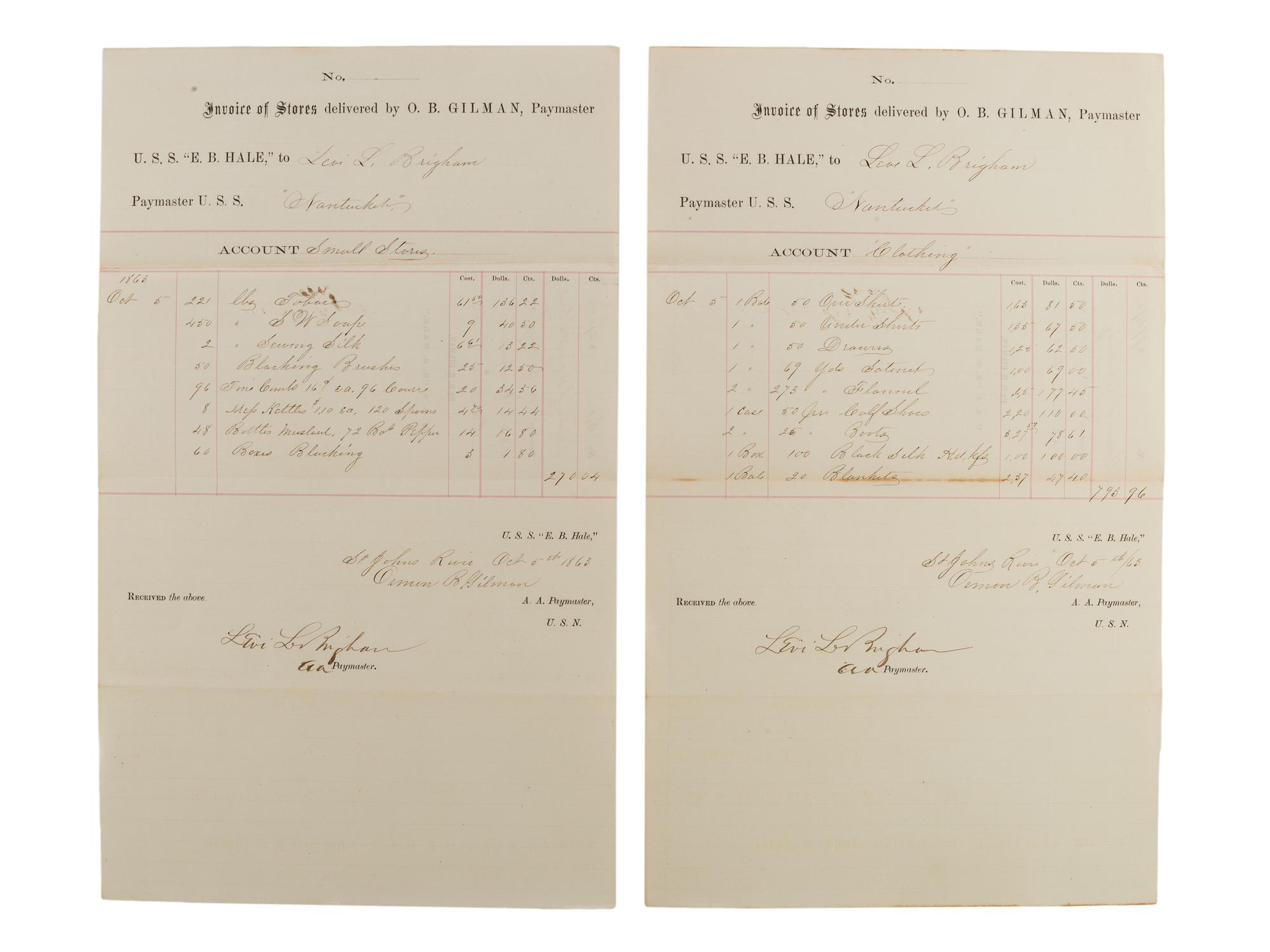 [CIVIL WAR - NAVY]. Records of supplies and provisions of the USS E.B. Hale .