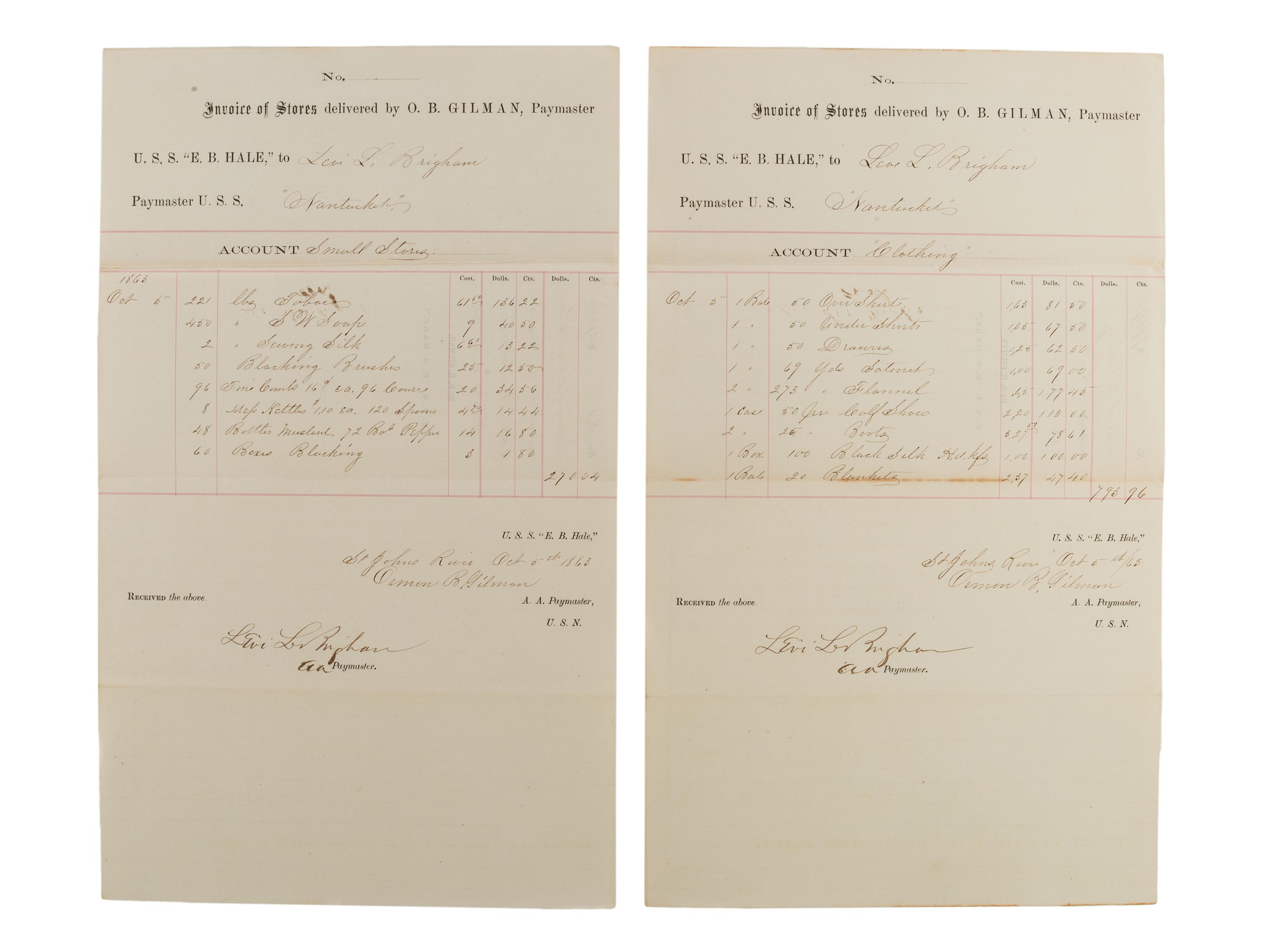 [CIVIL WAR - NAVY]. Records of supplies and provisions of the USS E.B. Hale .