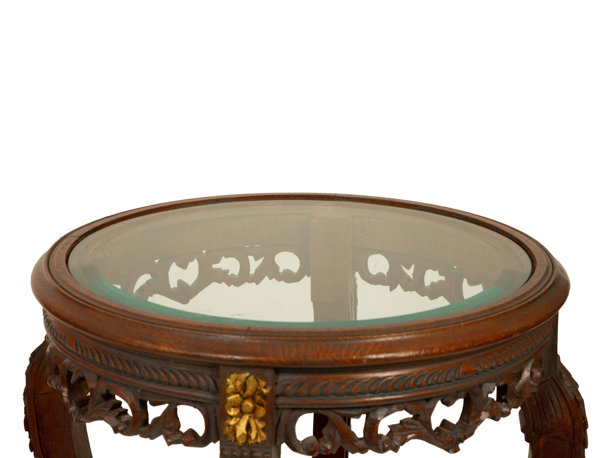A Pair of Louis XV/XVI Transitional Carved Walnut Gueridons with Inset Glass Tops — 19TH/20TH CENTURY