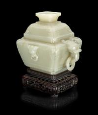 A Chinese Pale Celadon Jade Censer and Cover
