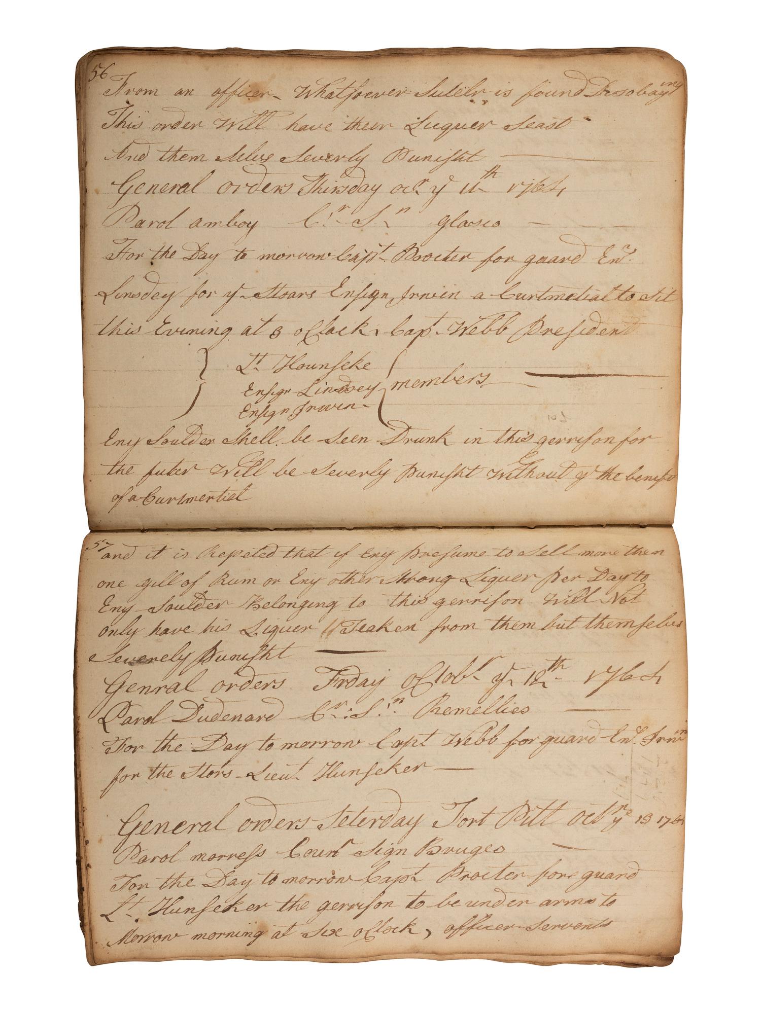 [PONTIAC'S WAR]. Manuscript orderly book chronicling the daily march of Colonel Henry Bouquet's force of British, Pennsylvania and Virginia volunteers. August-November, 1764.