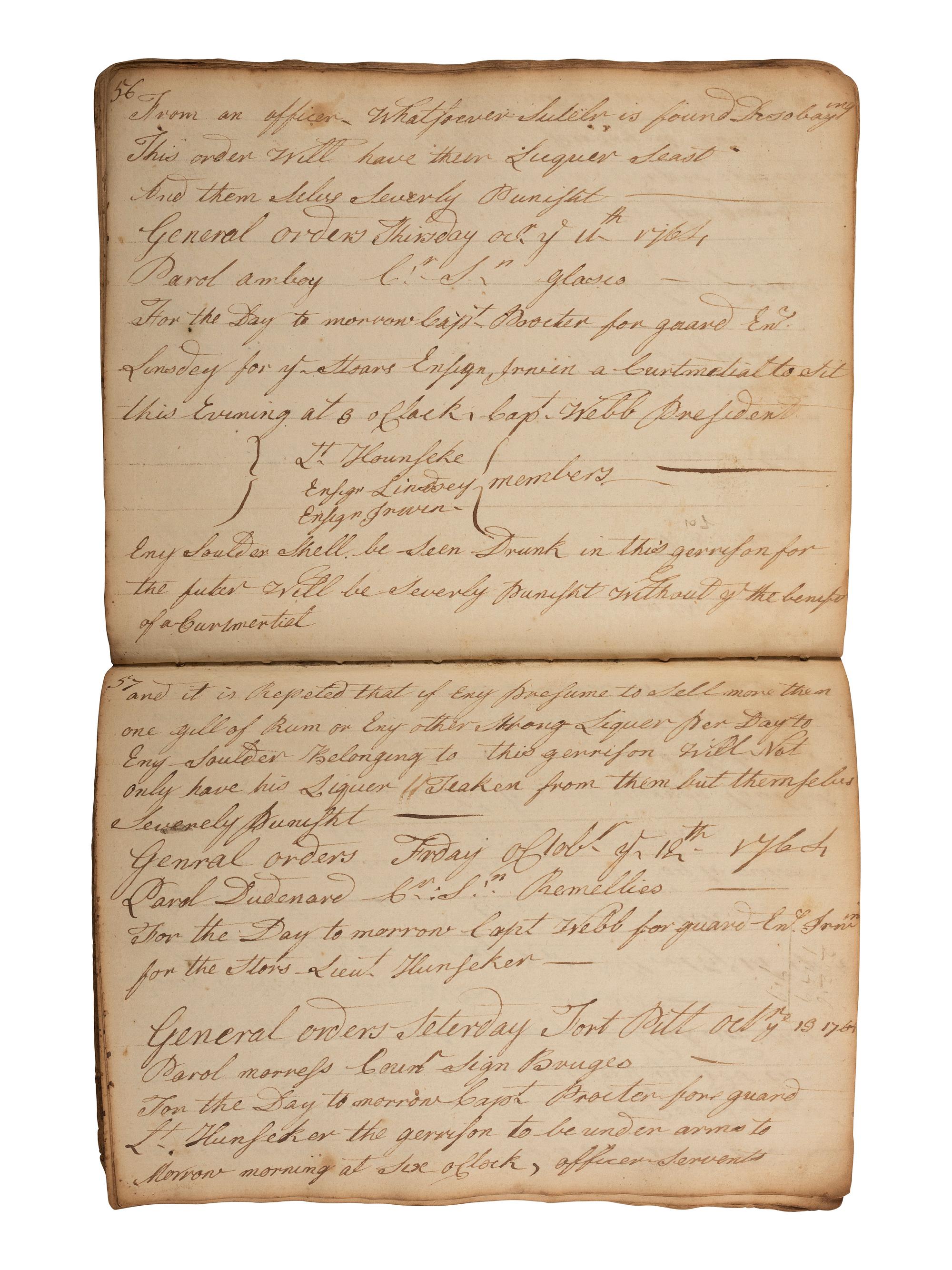 [PONTIAC'S WAR]. Manuscript orderly book chronicling the daily march of Colonel Henry Bouquet's force of British, Pennsylvania and Virginia volunteers. August-November, 1764.