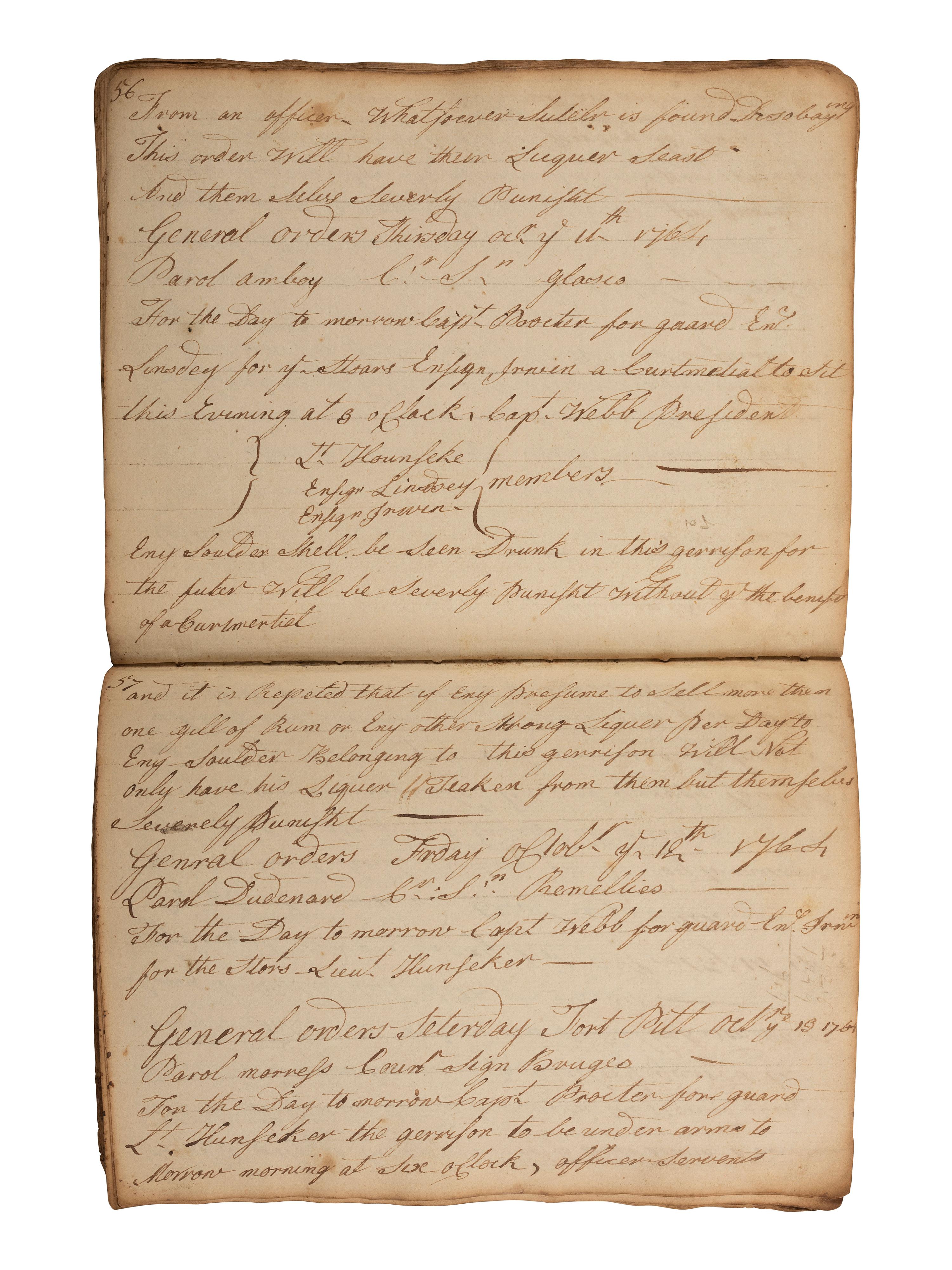 [PONTIAC'S WAR]. Manuscript orderly book chronicling the daily march of Colonel Henry Bouquet's force of British, Pennsylvania and Virginia volunteers. August-November, 1764.