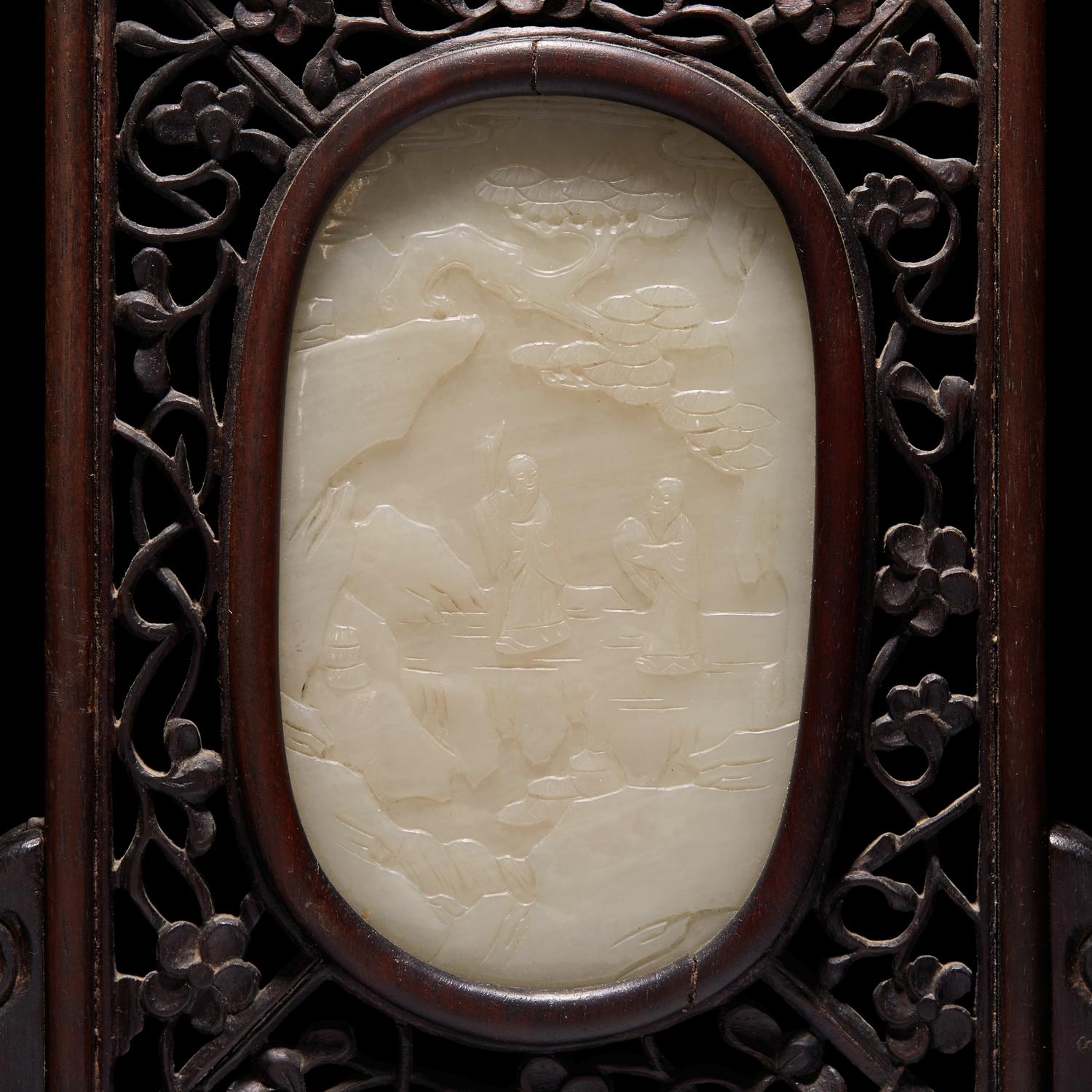 A Small Chinese White Jade Inset Carved Wood Table Screen, Jade: Qing Dynasty 清 硬木嵌白玉高士圖小桌屏