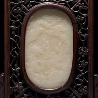 A Small Chinese White Jade Inset Carved Wood Table Screen, Jade: Qing Dynasty 清 硬木嵌白玉高士圖小桌屏