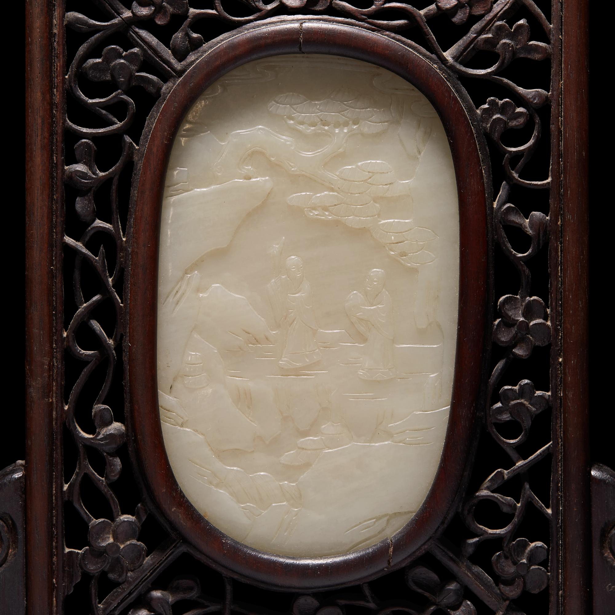 A Small Chinese White Jade Inset Carved Wood Table Screen, Jade: Qing Dynasty 清 硬木嵌白玉高士圖小桌屏