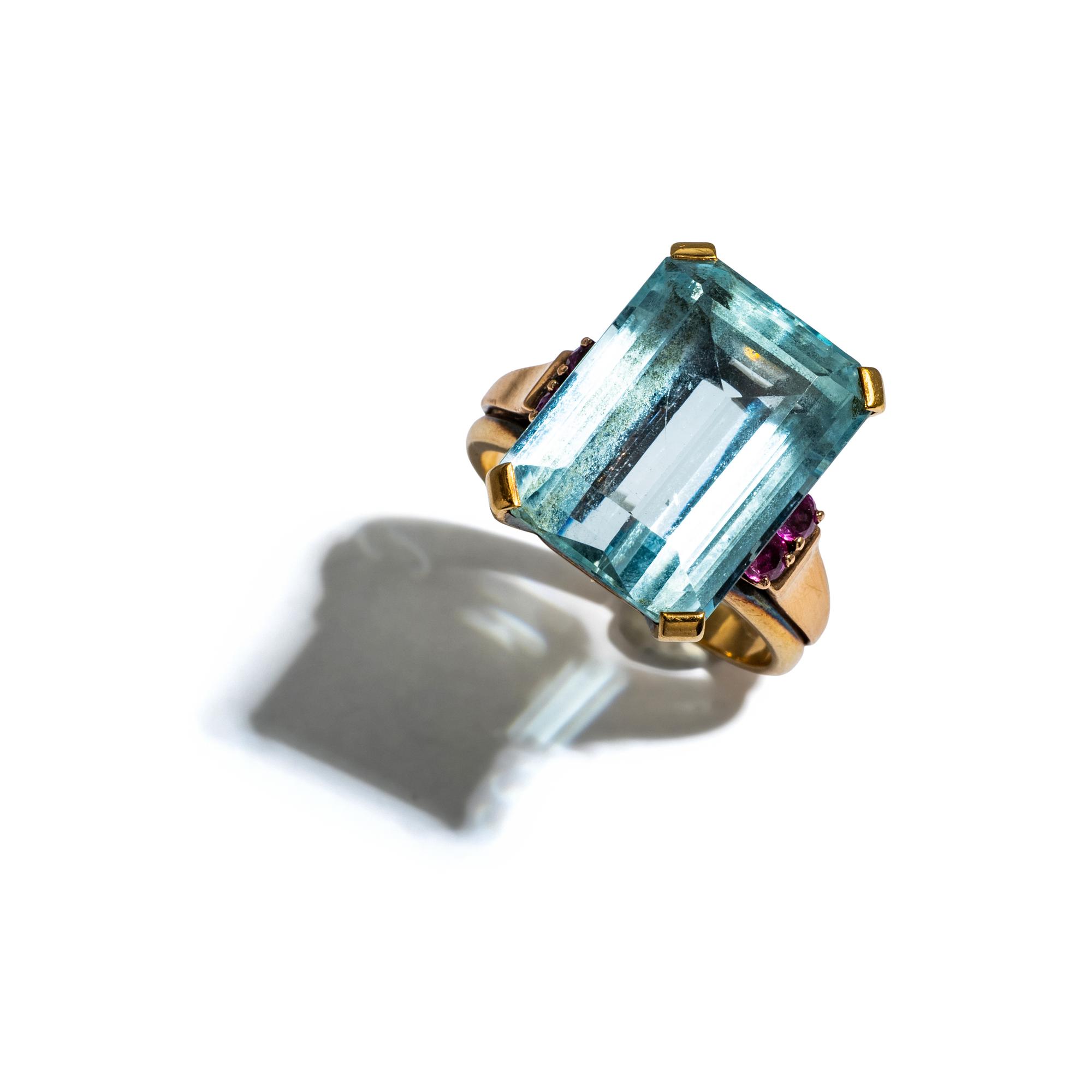 RETRO, AQUAMARINE AND RUBY RING