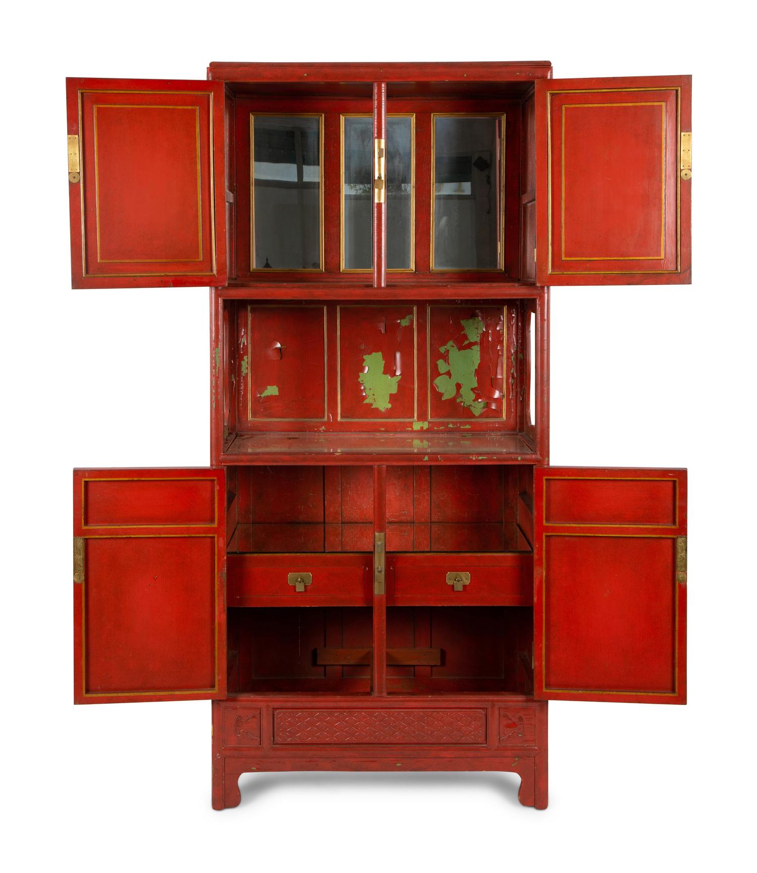 A Chinese Style Carved and Painted Cabinet on Chest — 20TH CENTURY