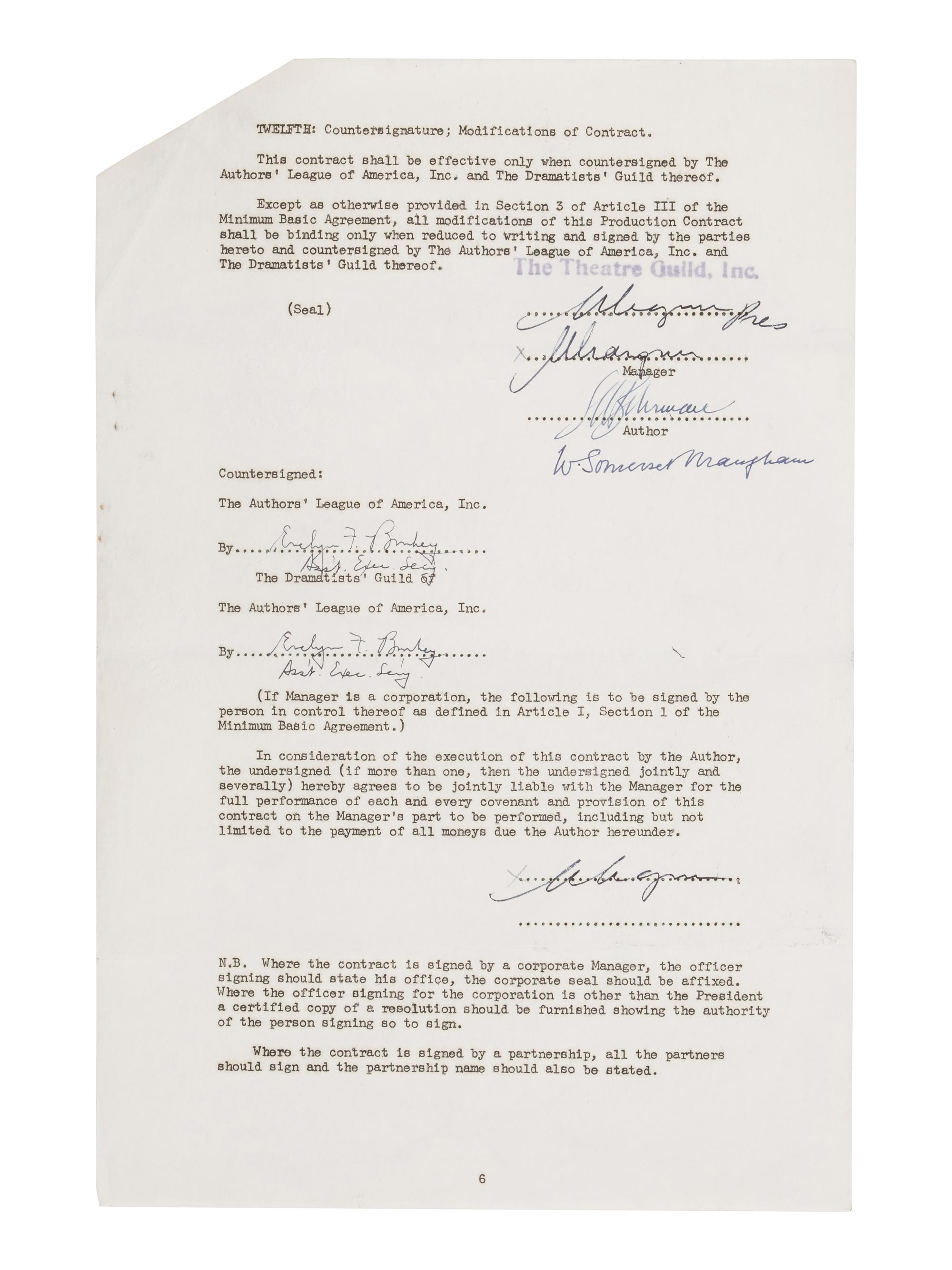 [Literature] Maugham, W. Somerset. Typed Document, signed