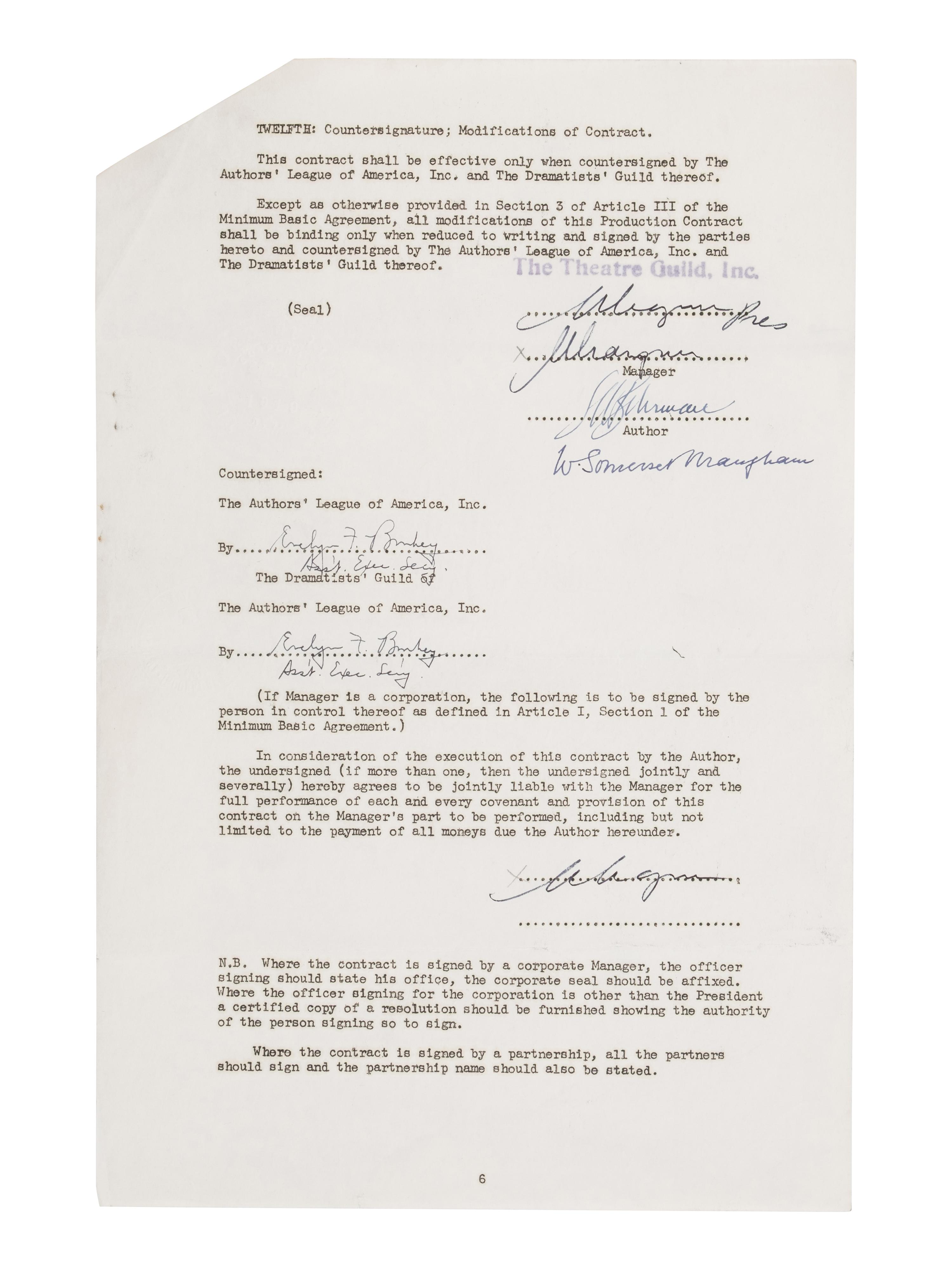 [Literature] Maugham, W. Somerset. Typed Document, signed