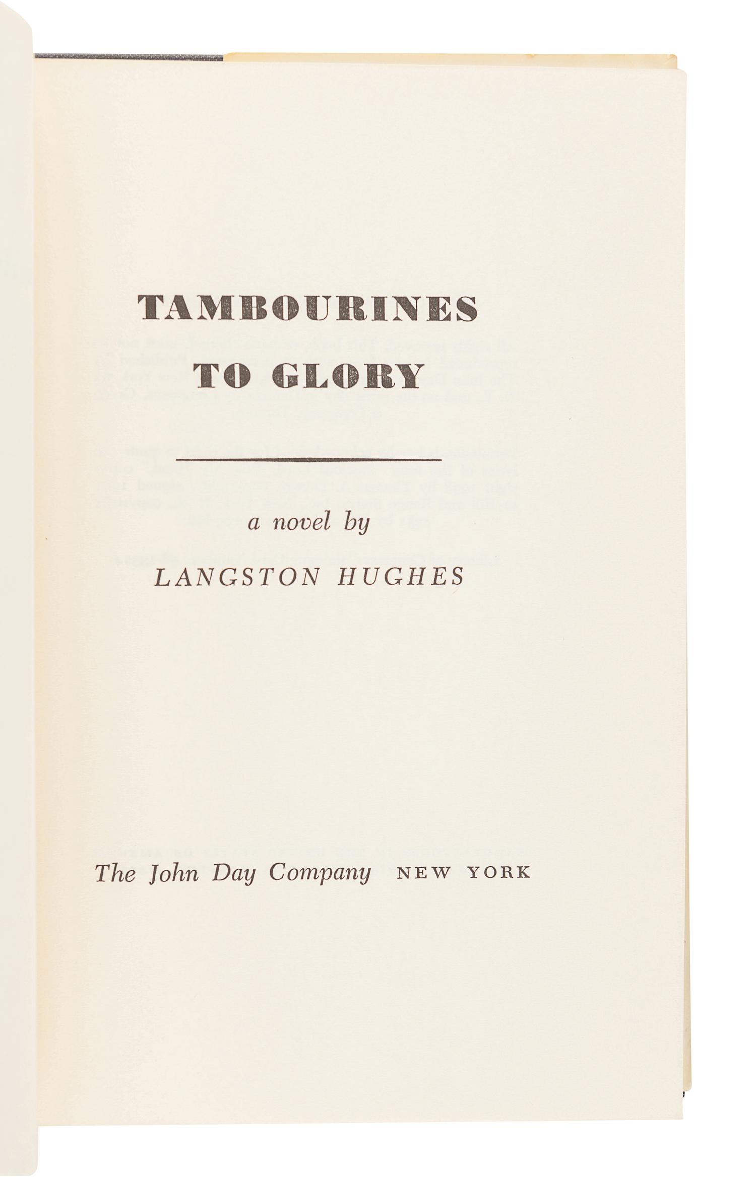 HUGHES, Langston (1901-1967). Tambourines to Glory. New York: The John Day Company, 1958.