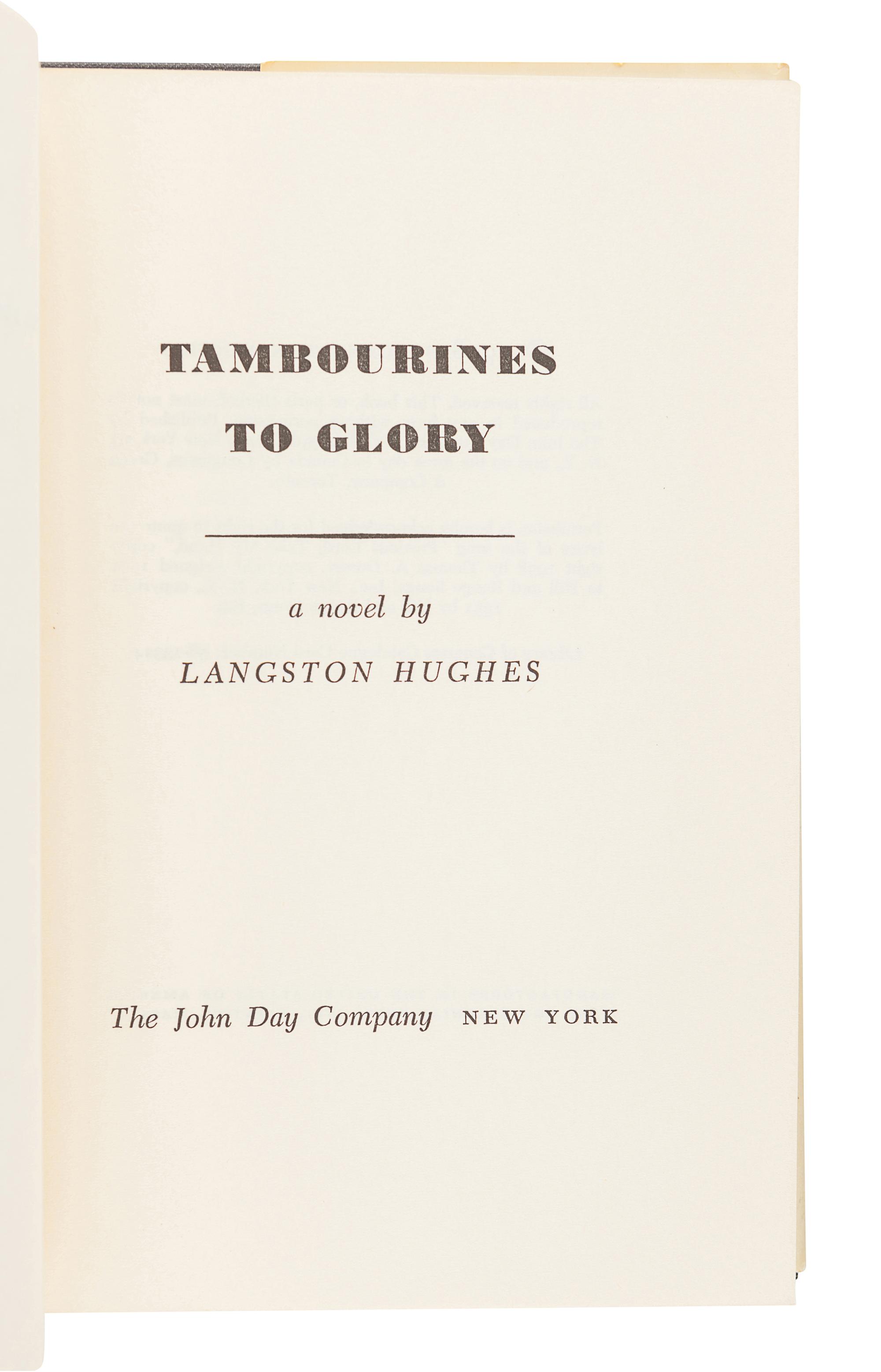 HUGHES, Langston (1901-1967). Tambourines to Glory. New York: The John Day Company, 1958.