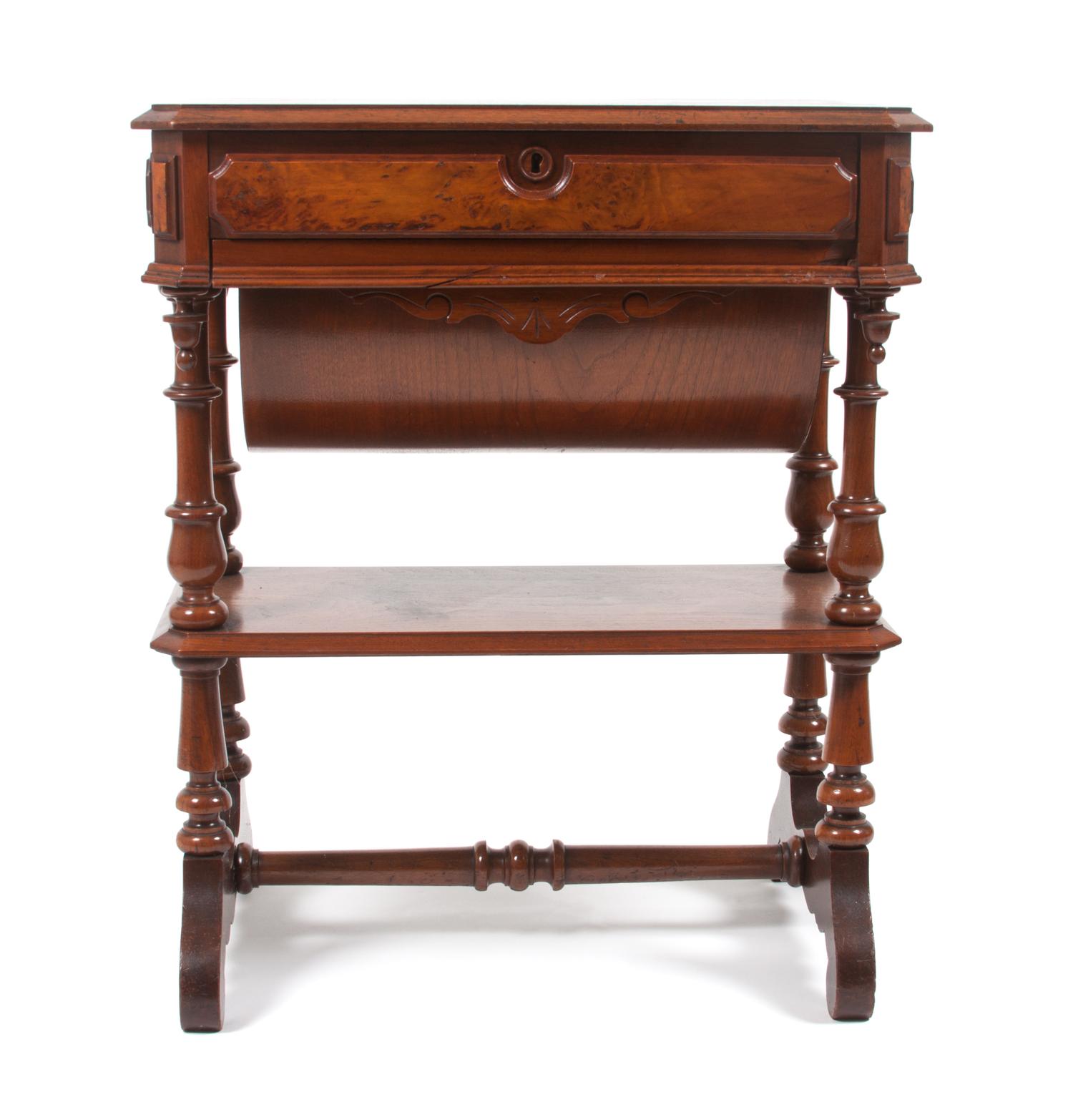 A Victorian Walnut Sewing Table Height 28 3/4 x width 24 x depth 16 1/2 inches. — 19TH CENTURY