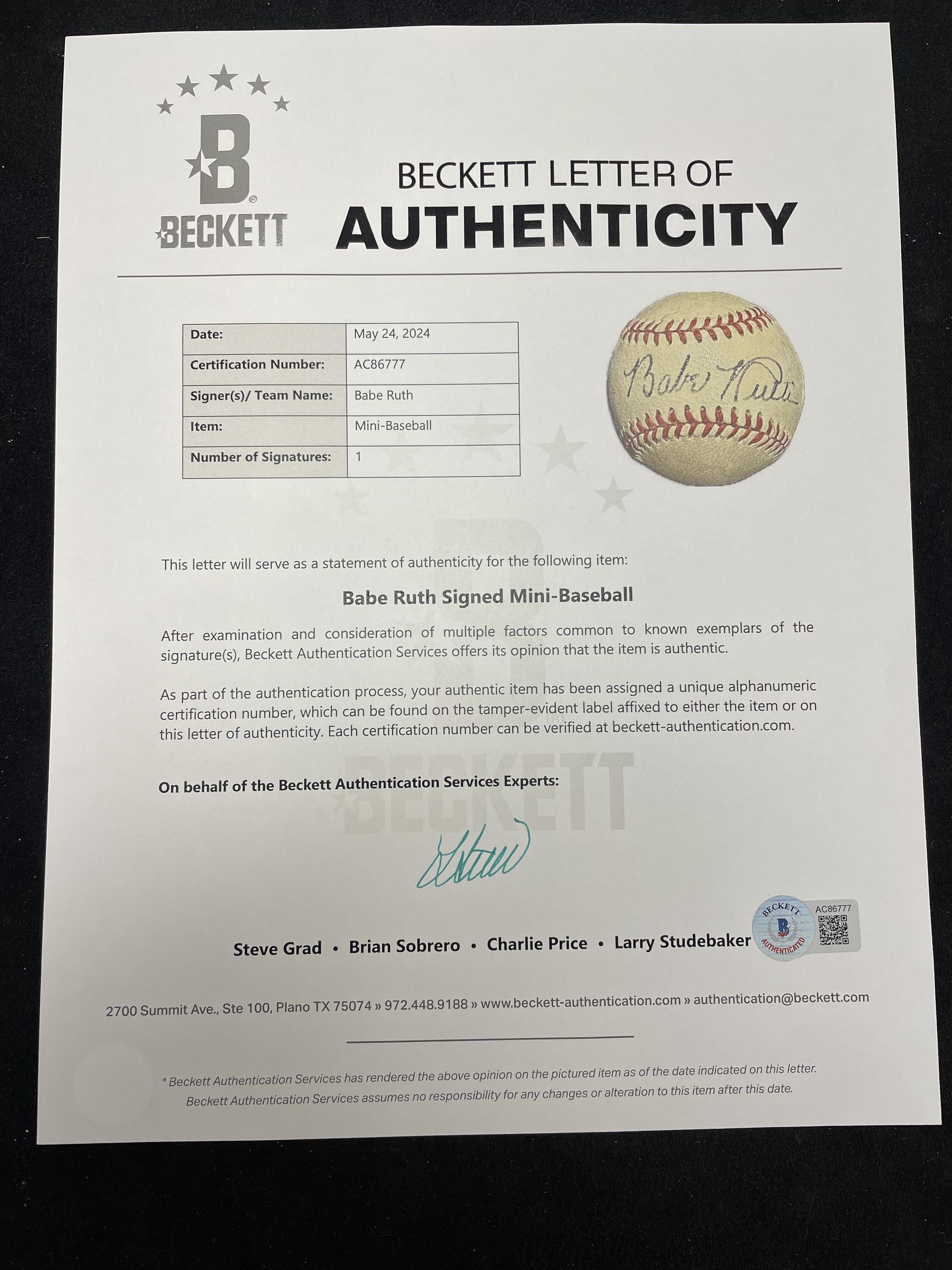 A Unique Babe Ruth Single Signed Autograph Mini Baseball (Beckett Authentication Services)