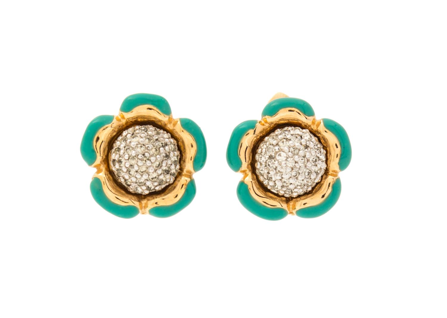 A Pair of Judith Leiber Floral Earclips, 1" x 1".
