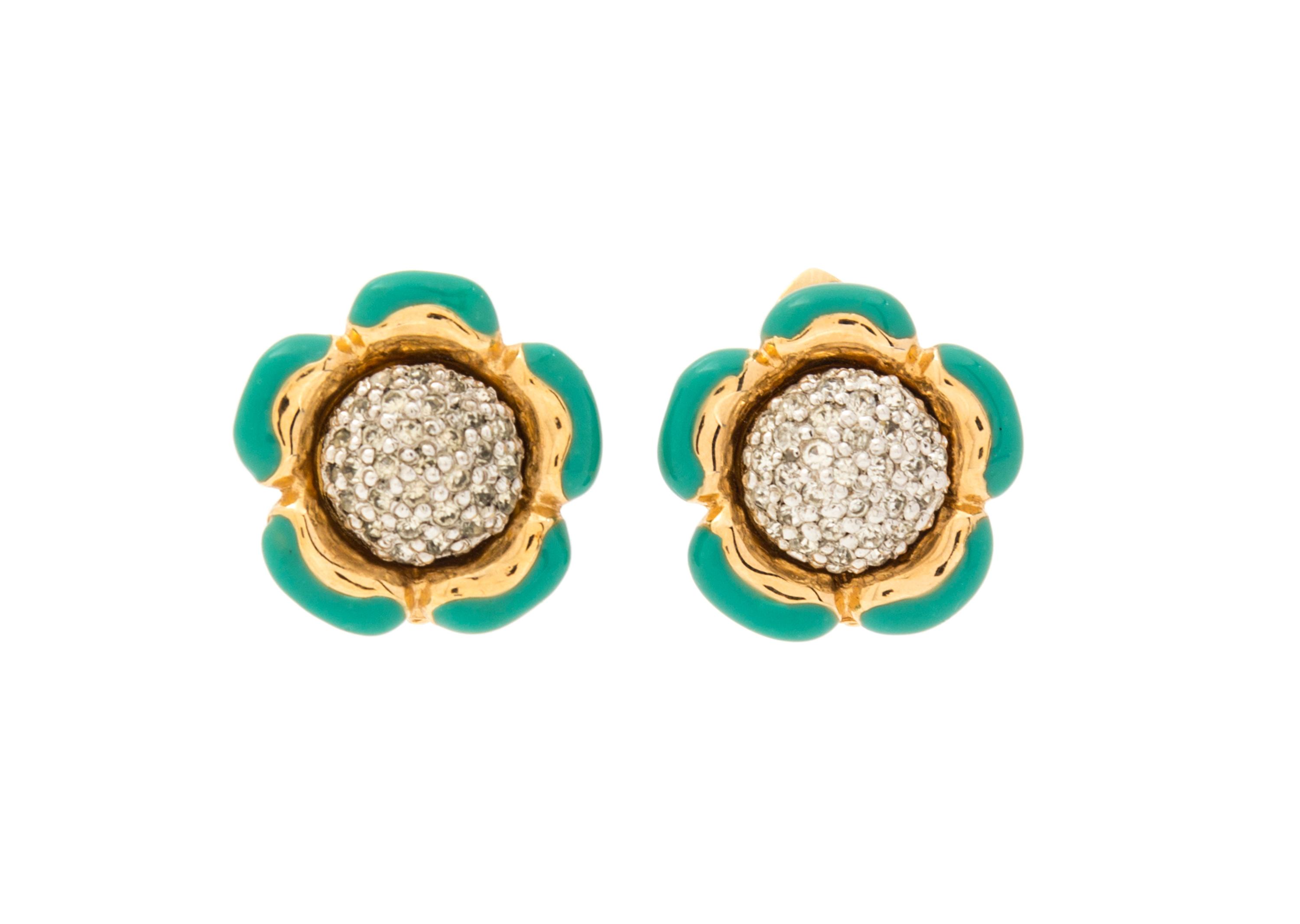 A Pair of Judith Leiber Floral Earclips, 1" x 1".