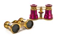 Two Pairs of French Mother-of-Pearl Veneered Opera Glasses, Width of first 4 inches.