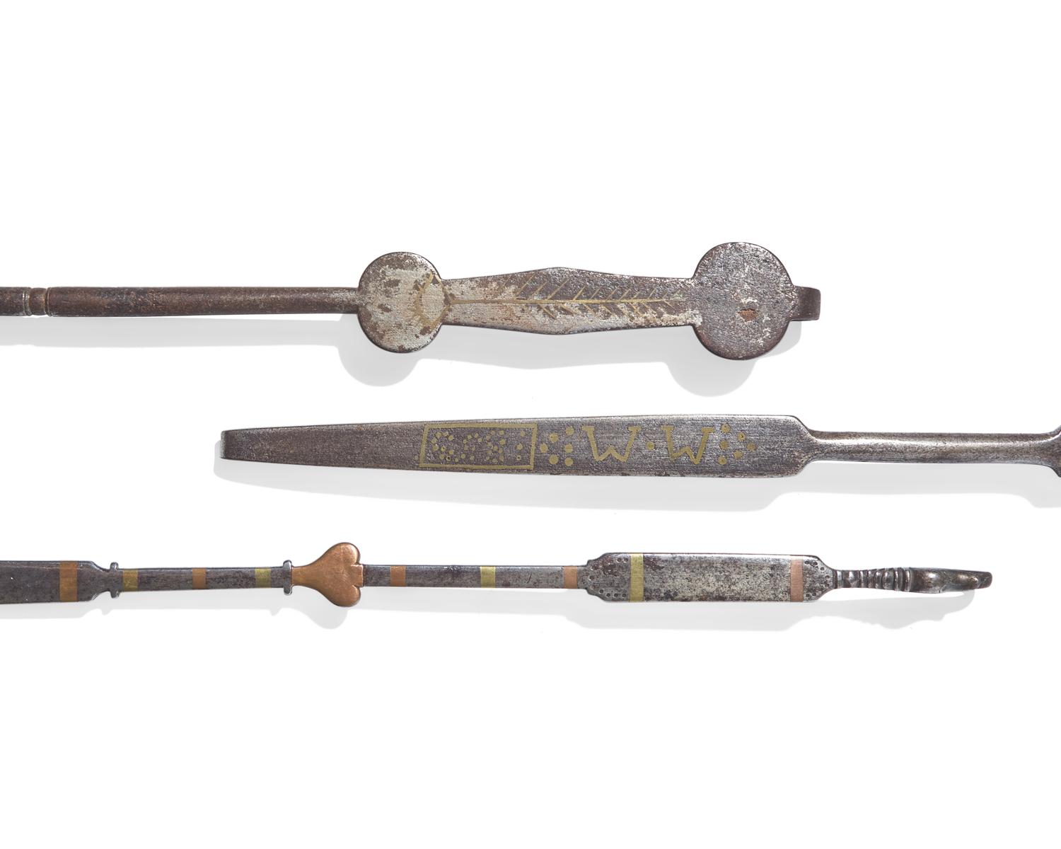 A Group of Three Rare Brass and Copper Inlaid Wrought Iron Roasting Forks, Probably Pennsylvania, Late 18th / 19th Century