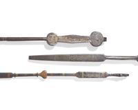 A Group of Three Rare Brass and Copper Inlaid Wrought Iron Roasting Forks, Probably Pennsylvania, Late 18th / 19th Century