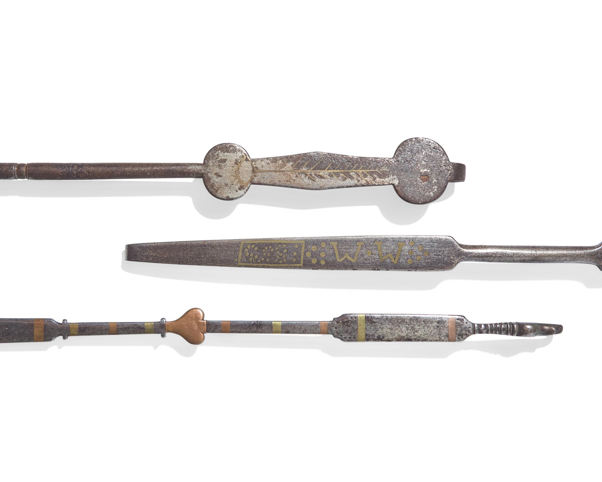 A Group of Three Rare Brass and Copper Inlaid Wrought Iron Roasting Forks, Probably Pennsylvania, Late 18th / 19th Century
