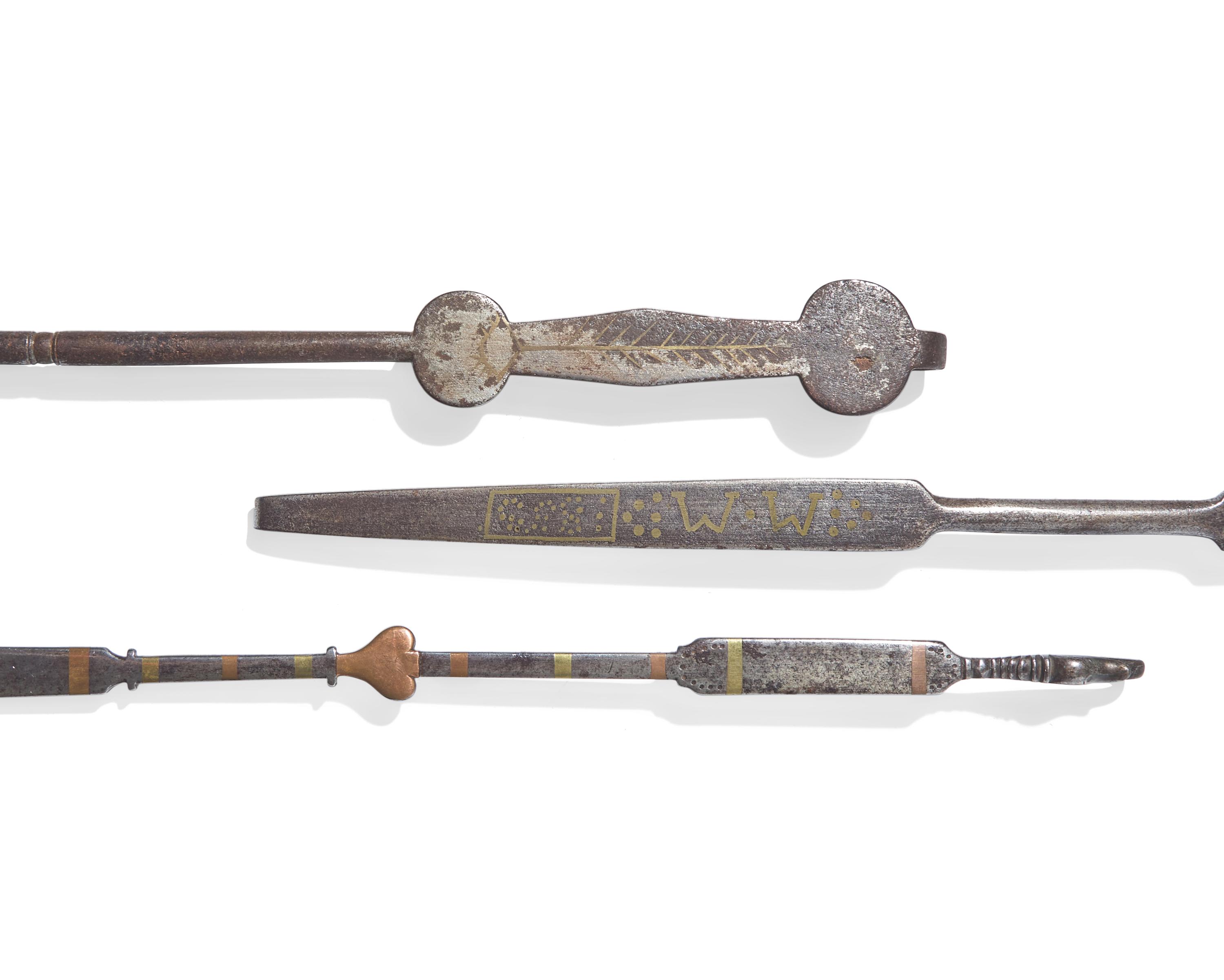 A Group of Three Rare Brass and Copper Inlaid Wrought Iron Roasting Forks, Probably Pennsylvania, Late 18th / 19th Century
