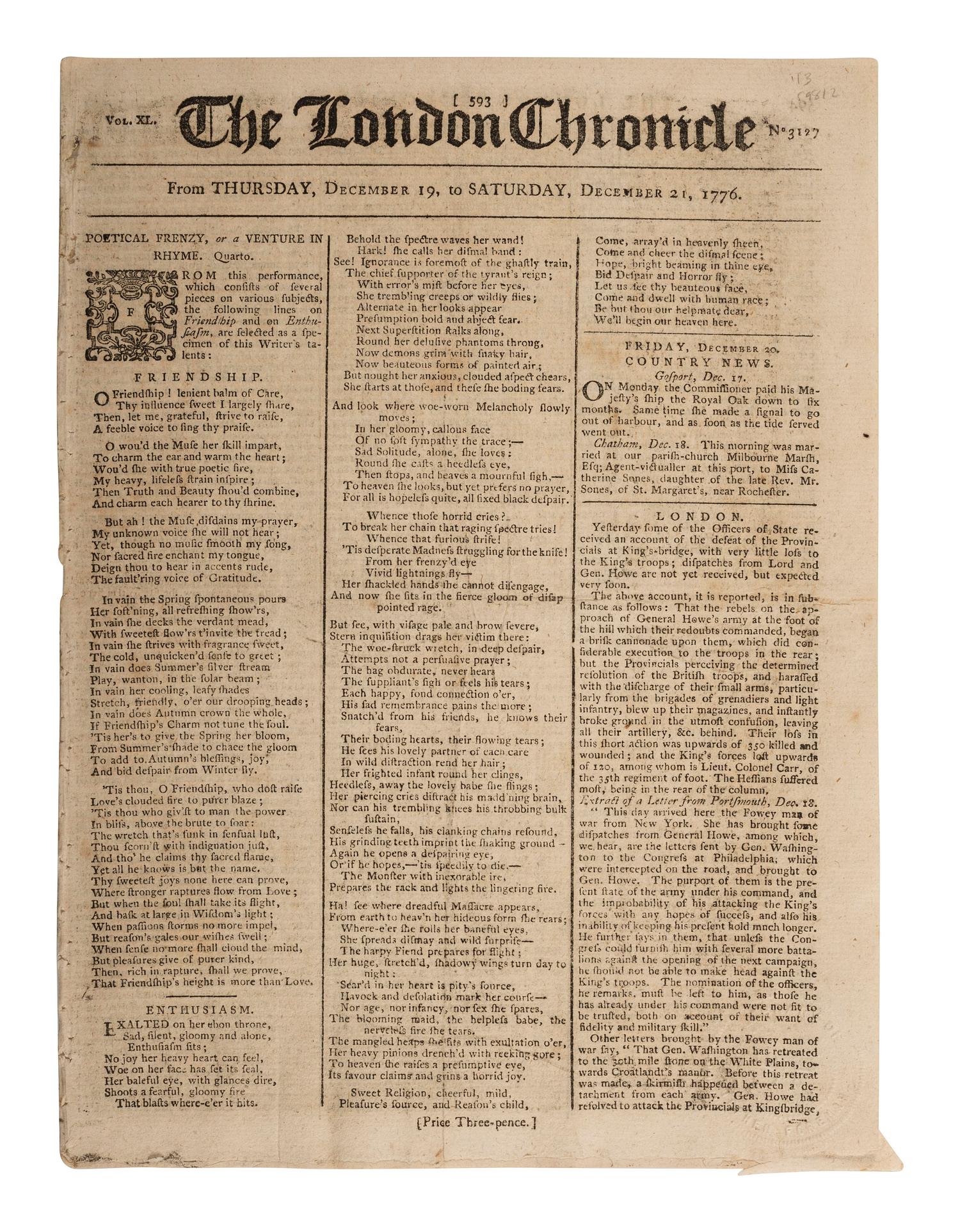 [REV WAR]. London Chronicle . Vol. XL, No. 312. London, England: J. Wilkie, 21 December 1776.