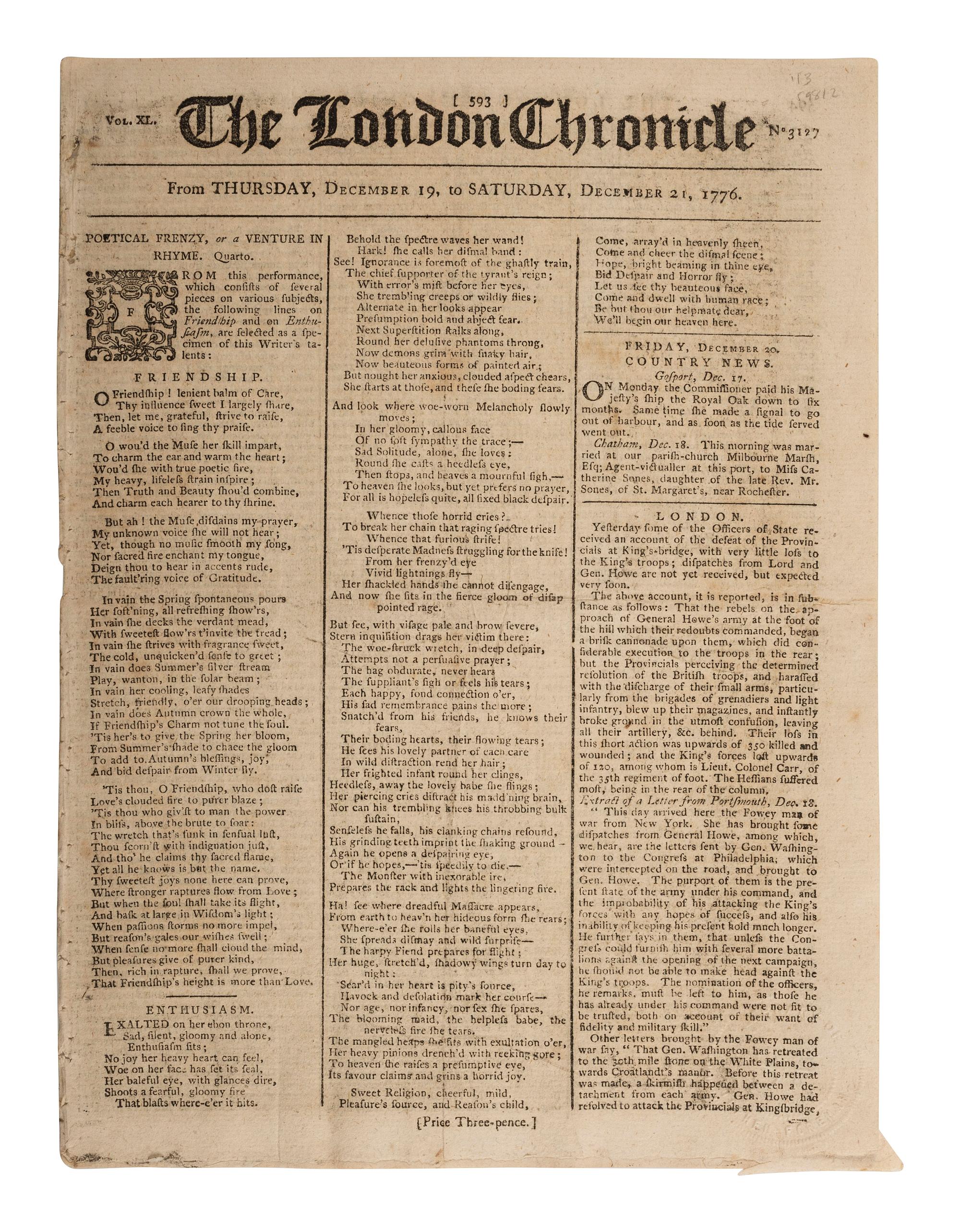 [REV WAR]. London Chronicle . Vol. XL, No. 312. London, England: J. Wilkie, 21 December 1776.