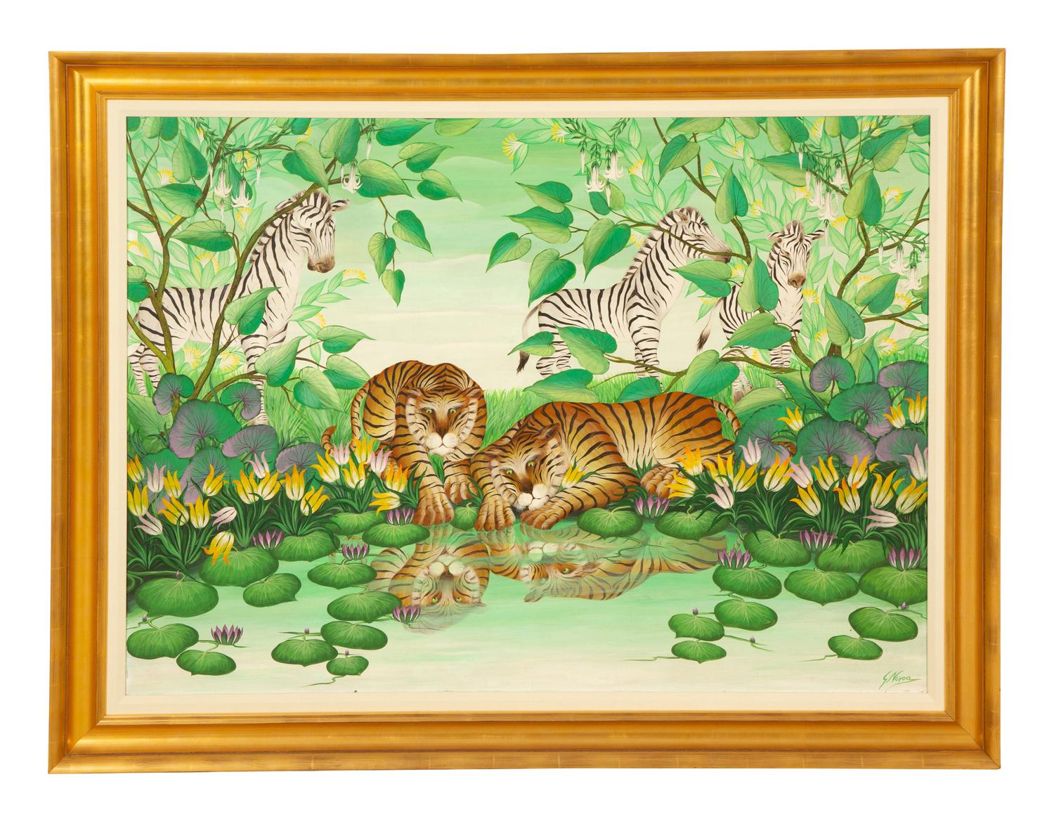 Zebras and Tigers Gathering by a Lily Pond
