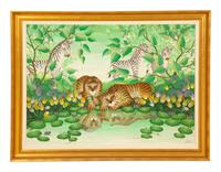 Zebras and Tigers Gathering by a Lily Pond