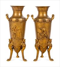 A Pair of French Gilt Bronze Tripod Vases