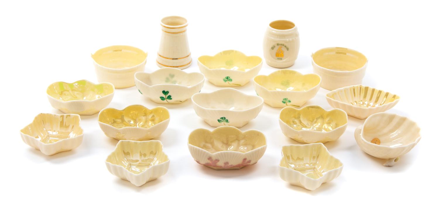 A Collection of Fifteen Belleek Salts Height of tallest 2 1/4 inches. — FIRST BLACK MARK THROUGH SEVENTH GOLD MARK (1863-1993)