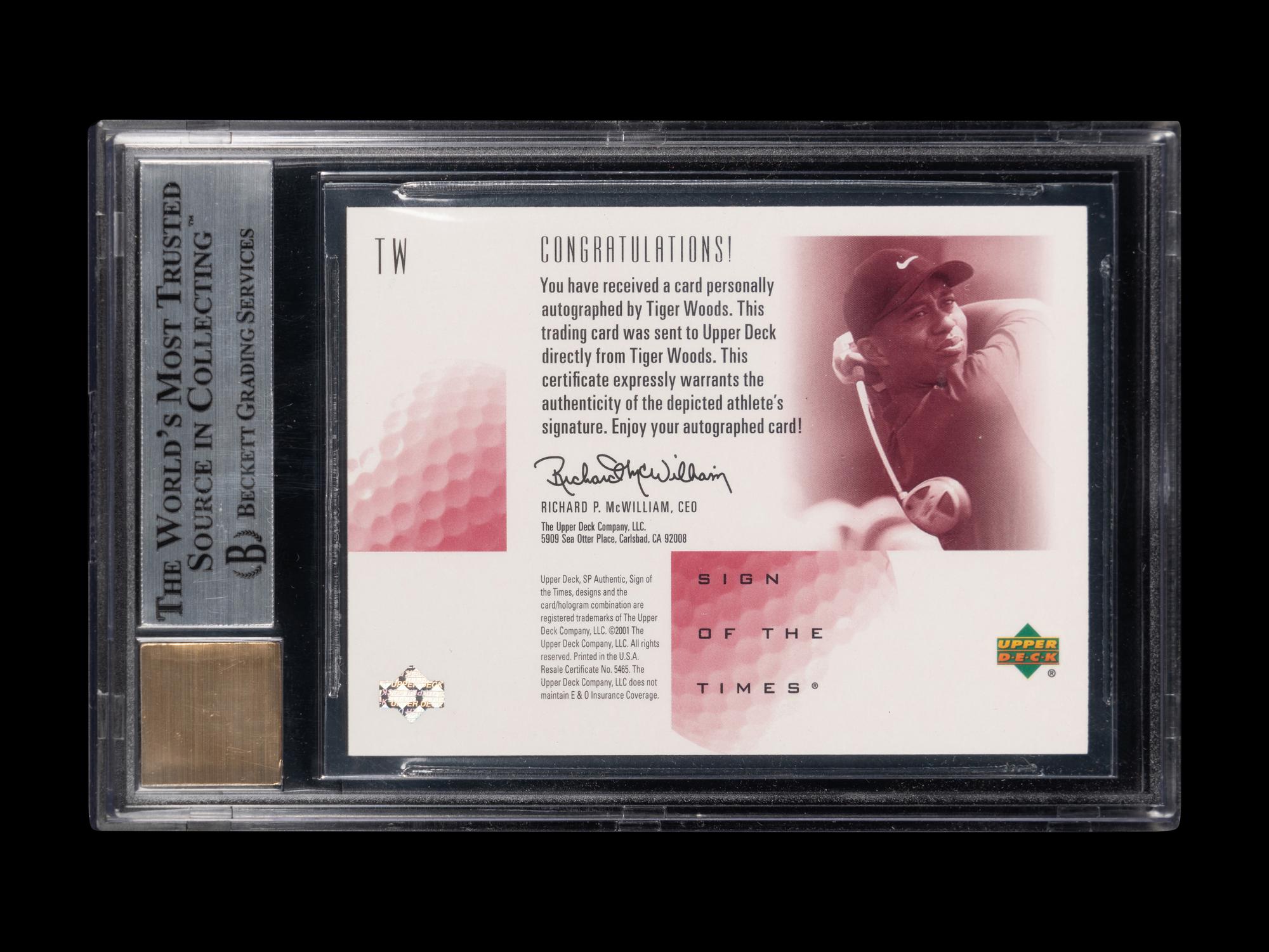A 2001 SP Authentic Tiger Woods Sign Of The Times Red No. TW7 Signed Autograph Rookie Golf Card Numbered of 65 (BGS 9 MINT / 8 AUTO)