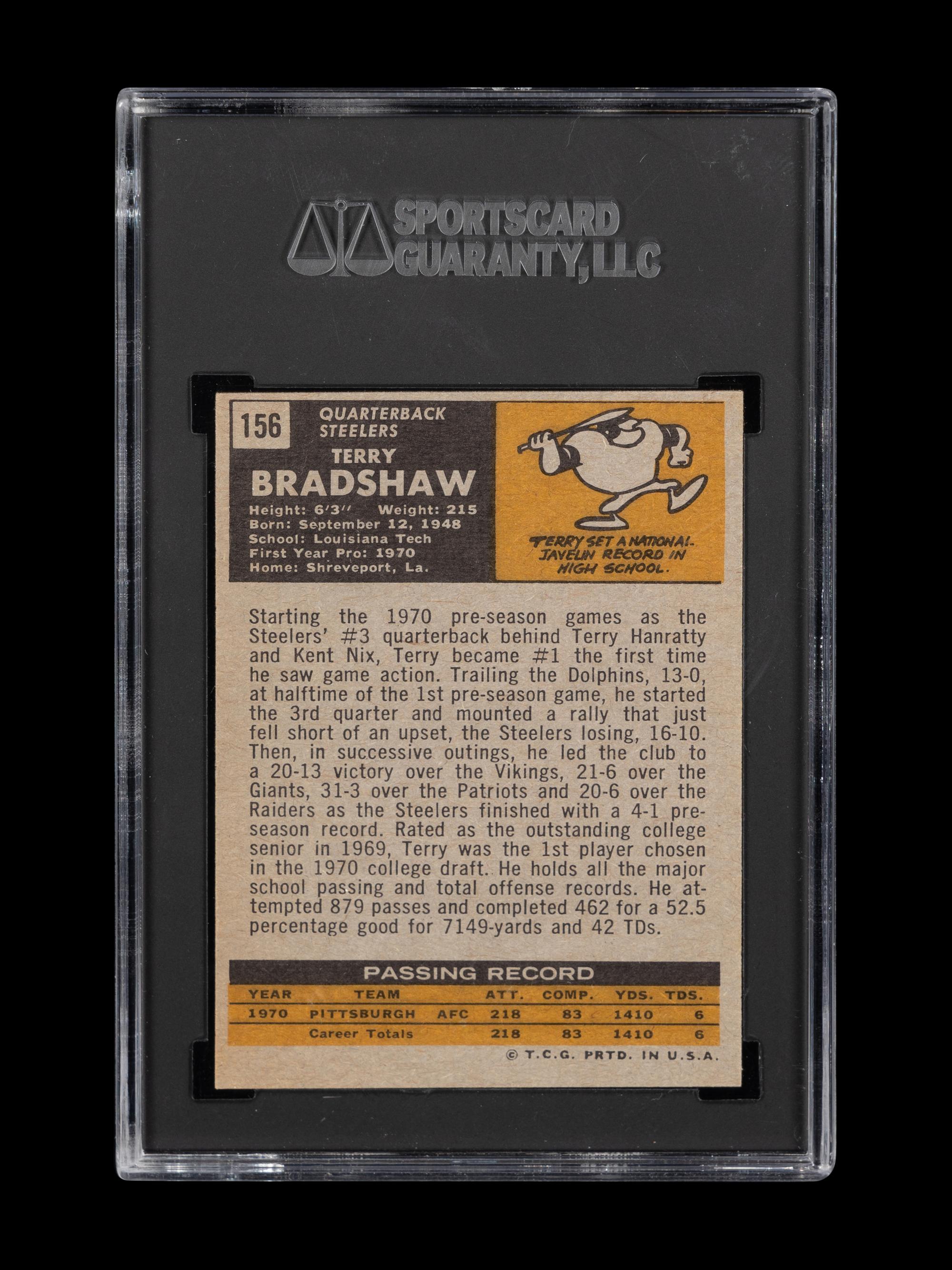 A 1971 Topps Terry Bradshaw Rookie Football Card No. 156 (SGC 7 NM)