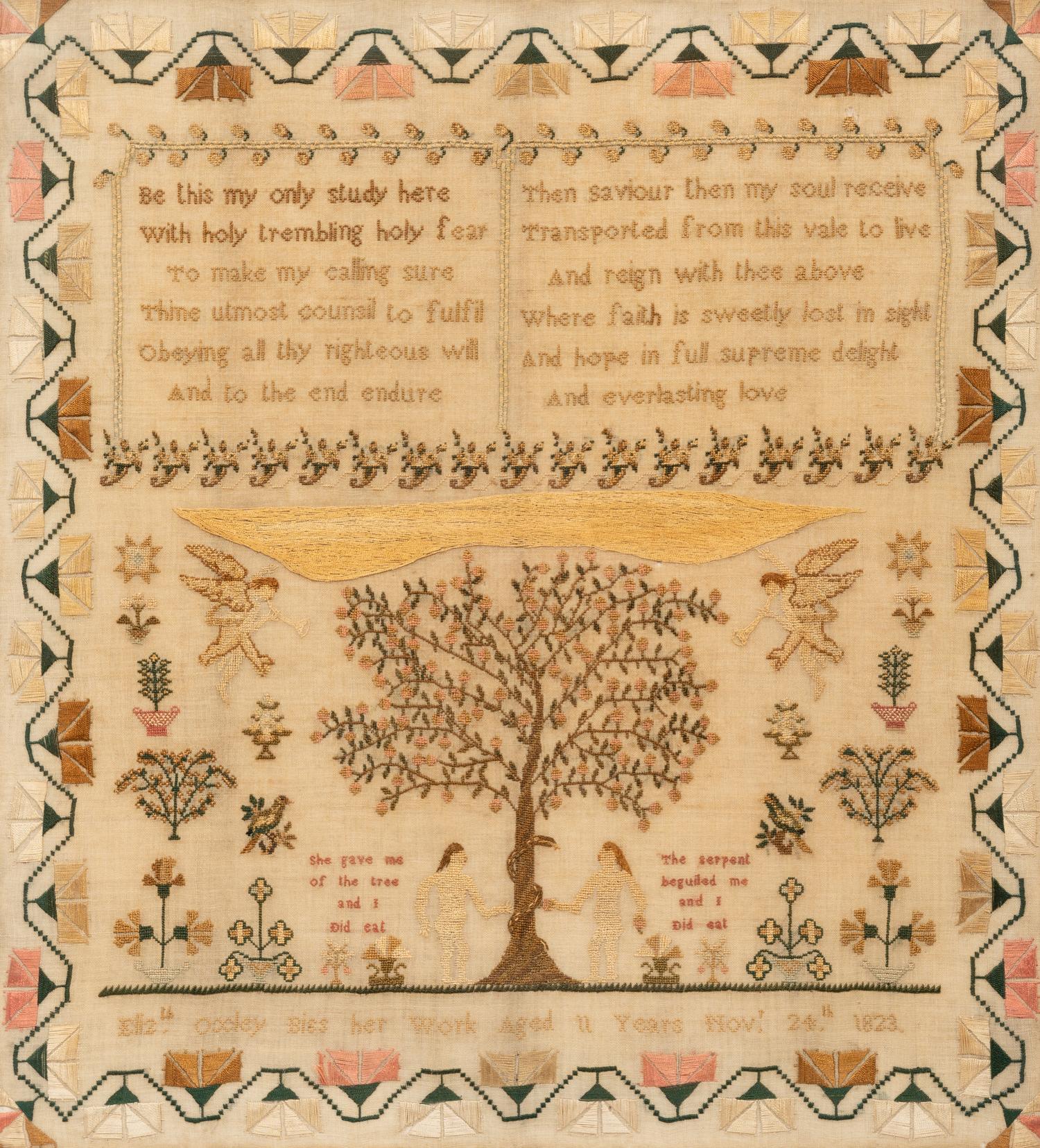 An English Needlework Embroidered Schoolgirl’s Adam and Eve Sampler