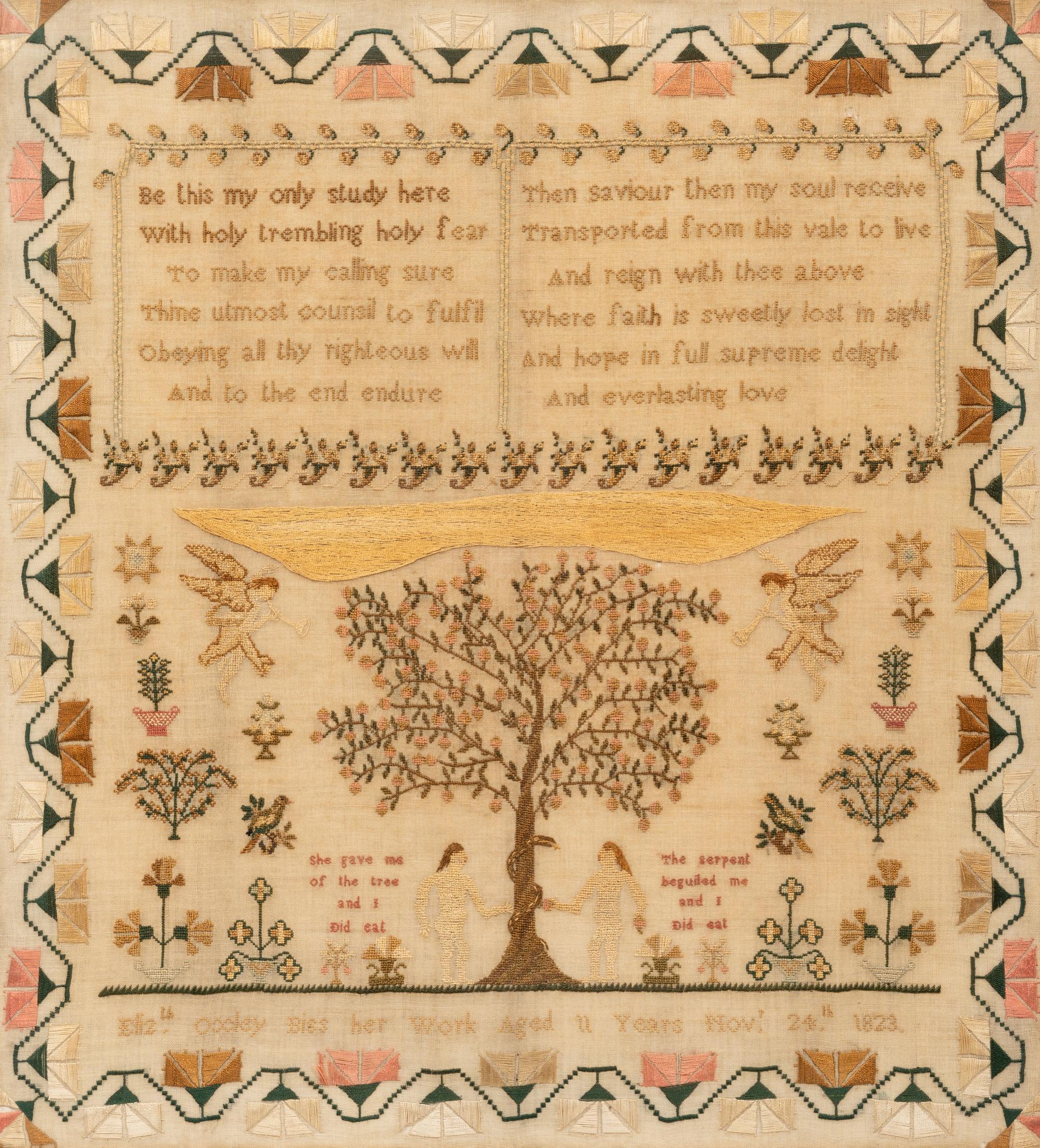 An English Needlework Embroidered Schoolgirl’s Adam and Eve Sampler