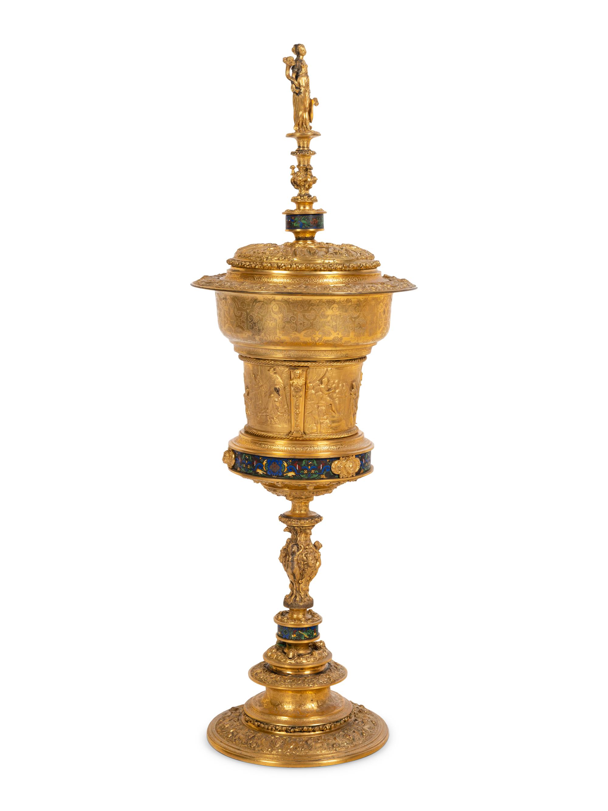 An Elkington & Co. Victorian Gilt Bronze and Champlevé Wine Cooler On Stand
