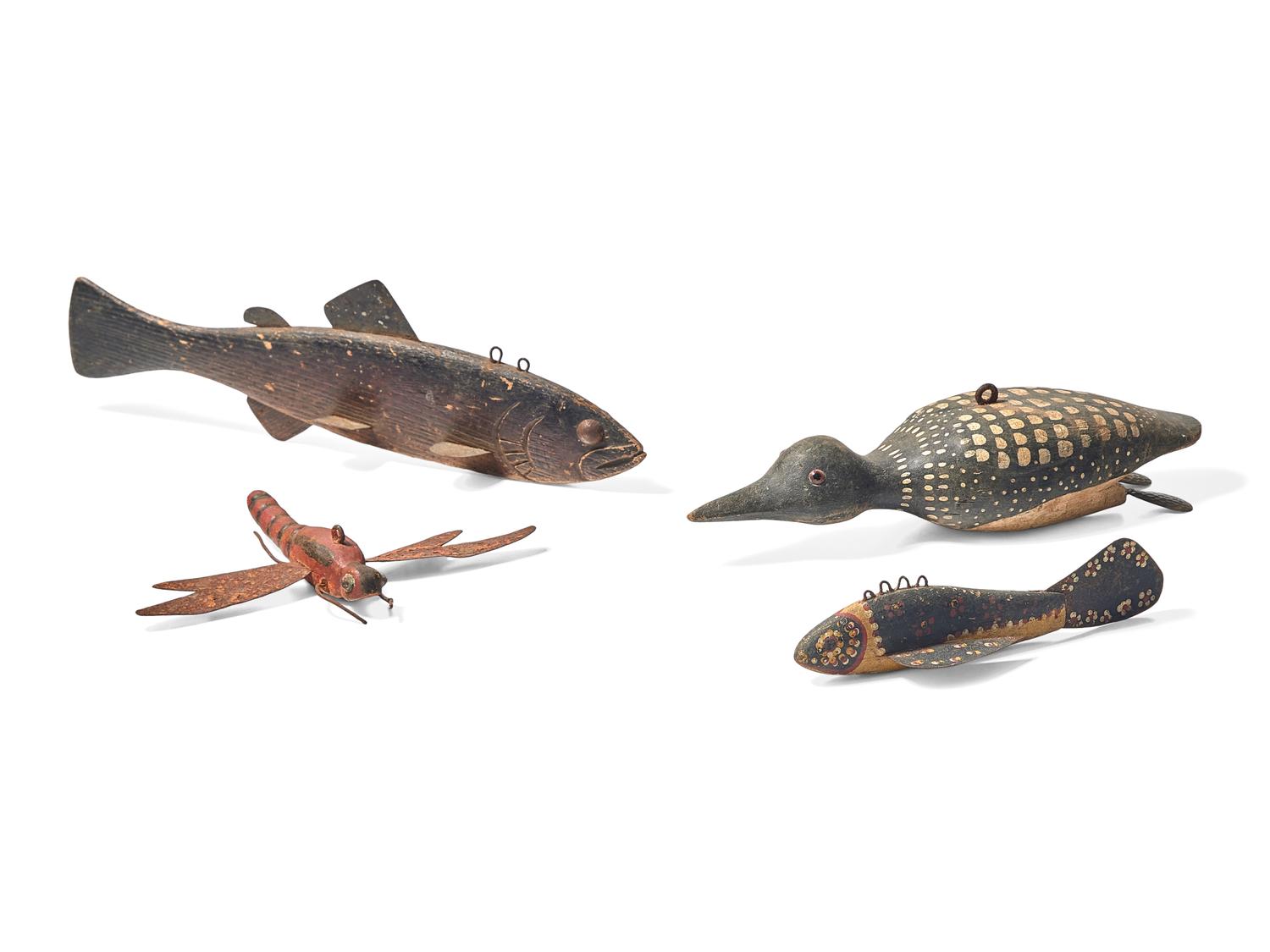 A Group of Four Carved and Painted Ice Fishing Lures, Attributed to LeRoy Howell, Hinckley, MN, and Various Makers, First Half 20th Century