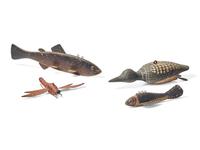 A Group of Four Carved and Painted Ice Fishing Lures, Attributed to LeRoy Howell, Hinckley, MN, and Various Makers, First Half 20th Century