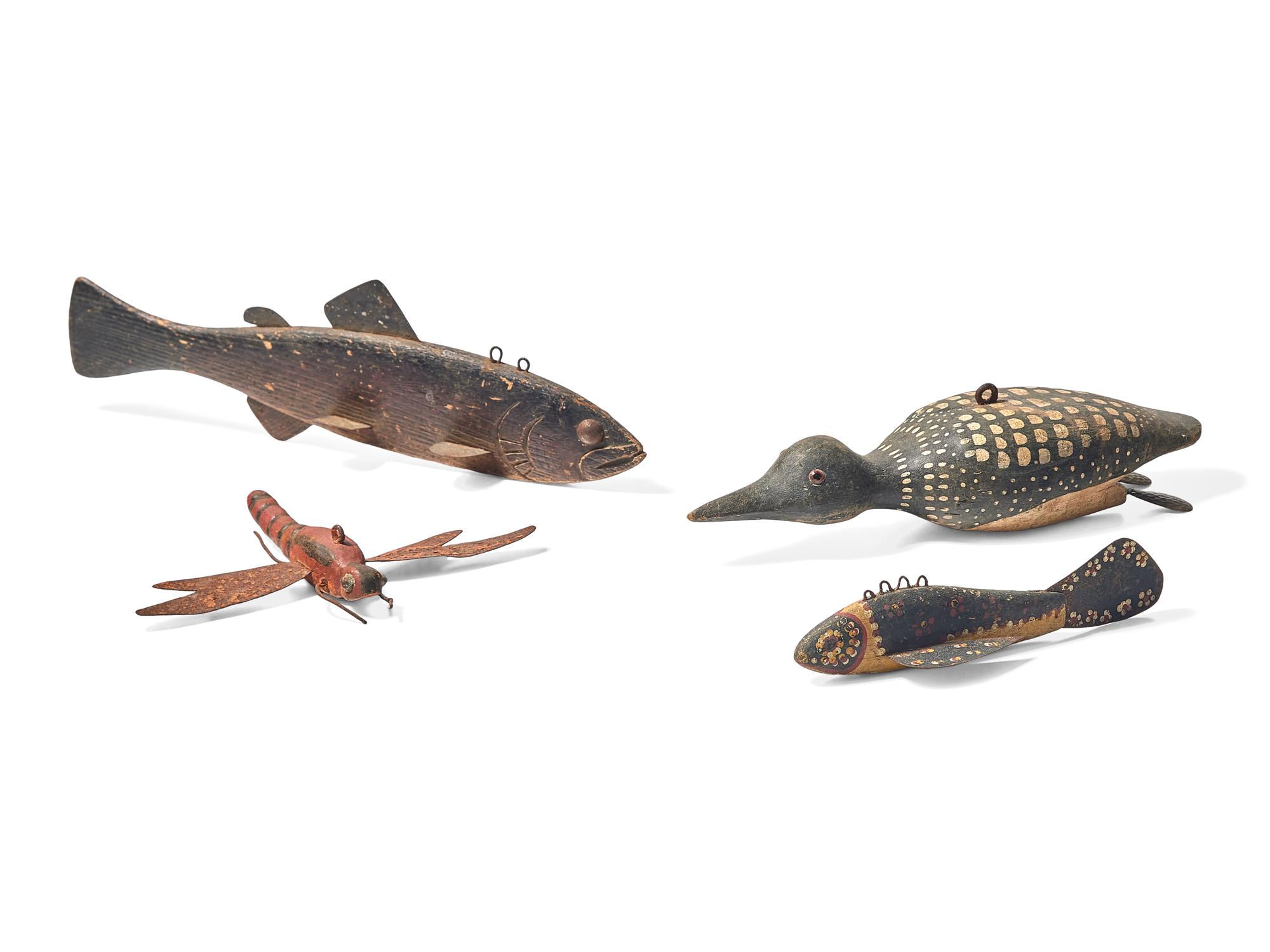 A Group of Four Carved and Painted Ice Fishing Lures, Attributed to LeRoy Howell, Hinckley, MN, and Various Makers, First Half 20th Century