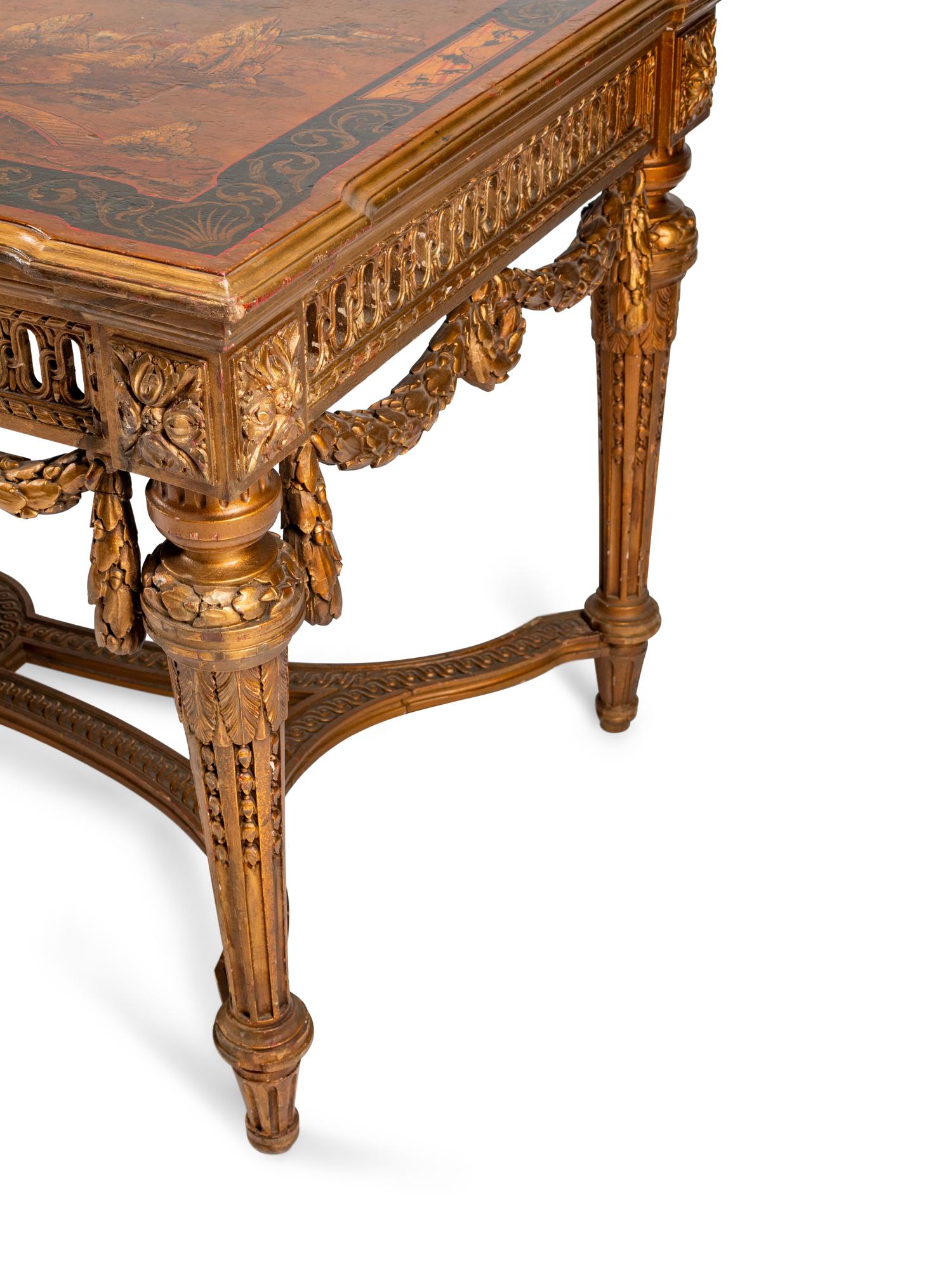 A Louis XVI Style Red Japanned Giltwood Salon Table — LATE 19TH/EARLY 20TH CENTURY